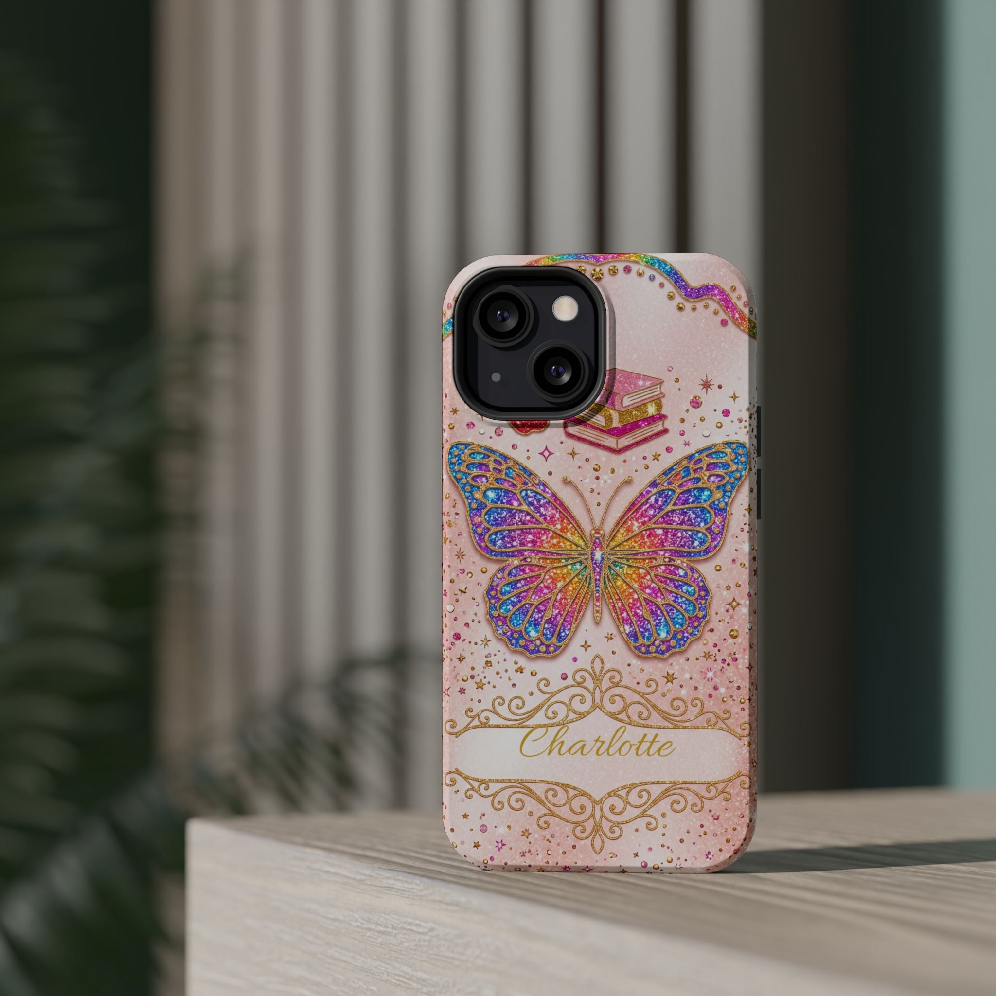 Blush Glitter Butterfly Personalized Teacher Phone Case — Wireless Charging Cover