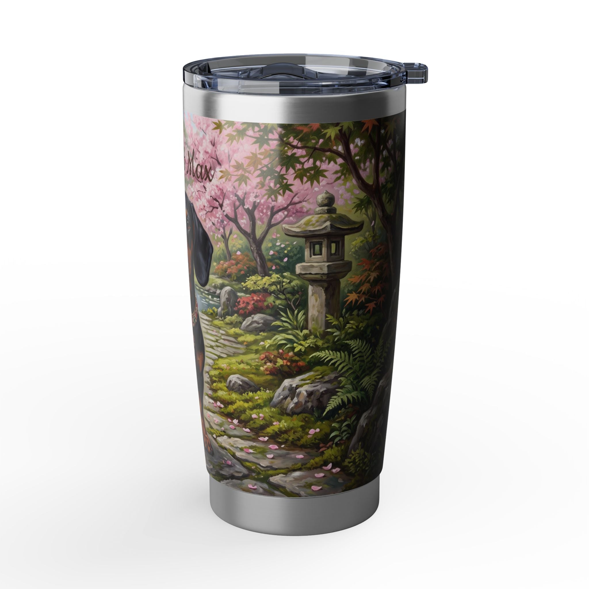 Dachshund Cherry Blossom Stainless Tumbler — 20 oz Personalized Travel Mug with Black & Tan Garden Design