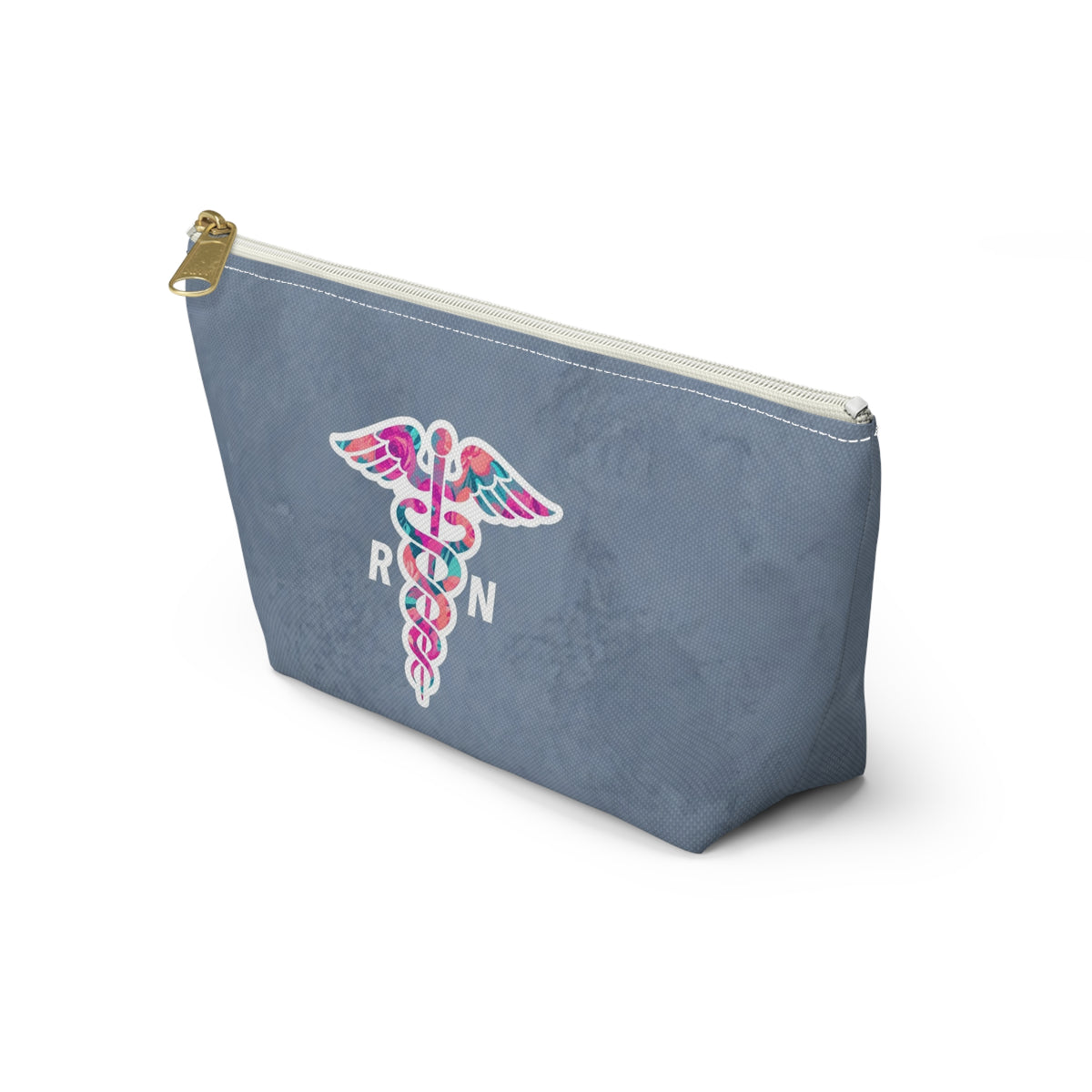RN Floral Caduceus Dusty Blue Accessory Pouch — T-Bottom Zipper Bag