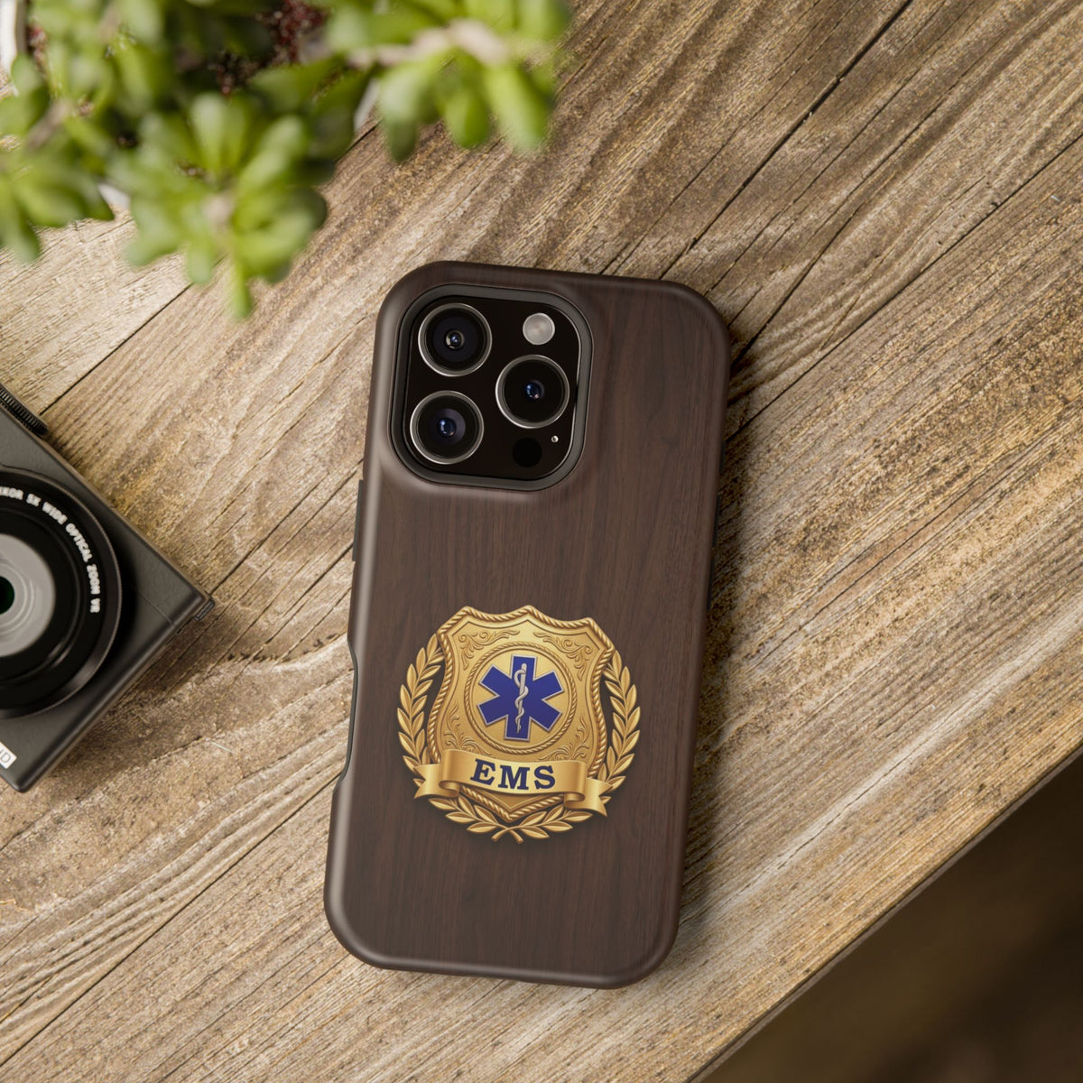 Gold EMS Laurel Badge Wood Phone Case — Magnetic Wireless Charging Cover