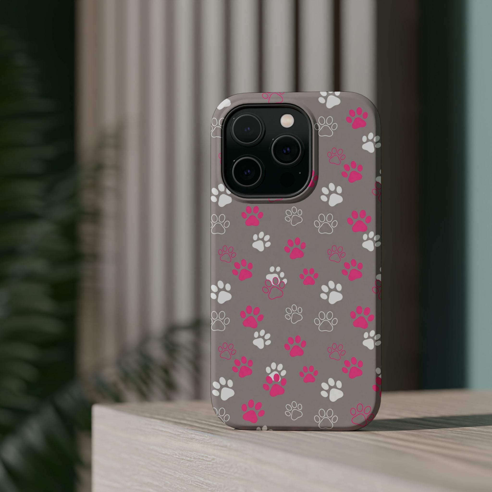 Pink & White Paw Print Phone Case — Impact-Resistant Wireless Charging Cover
