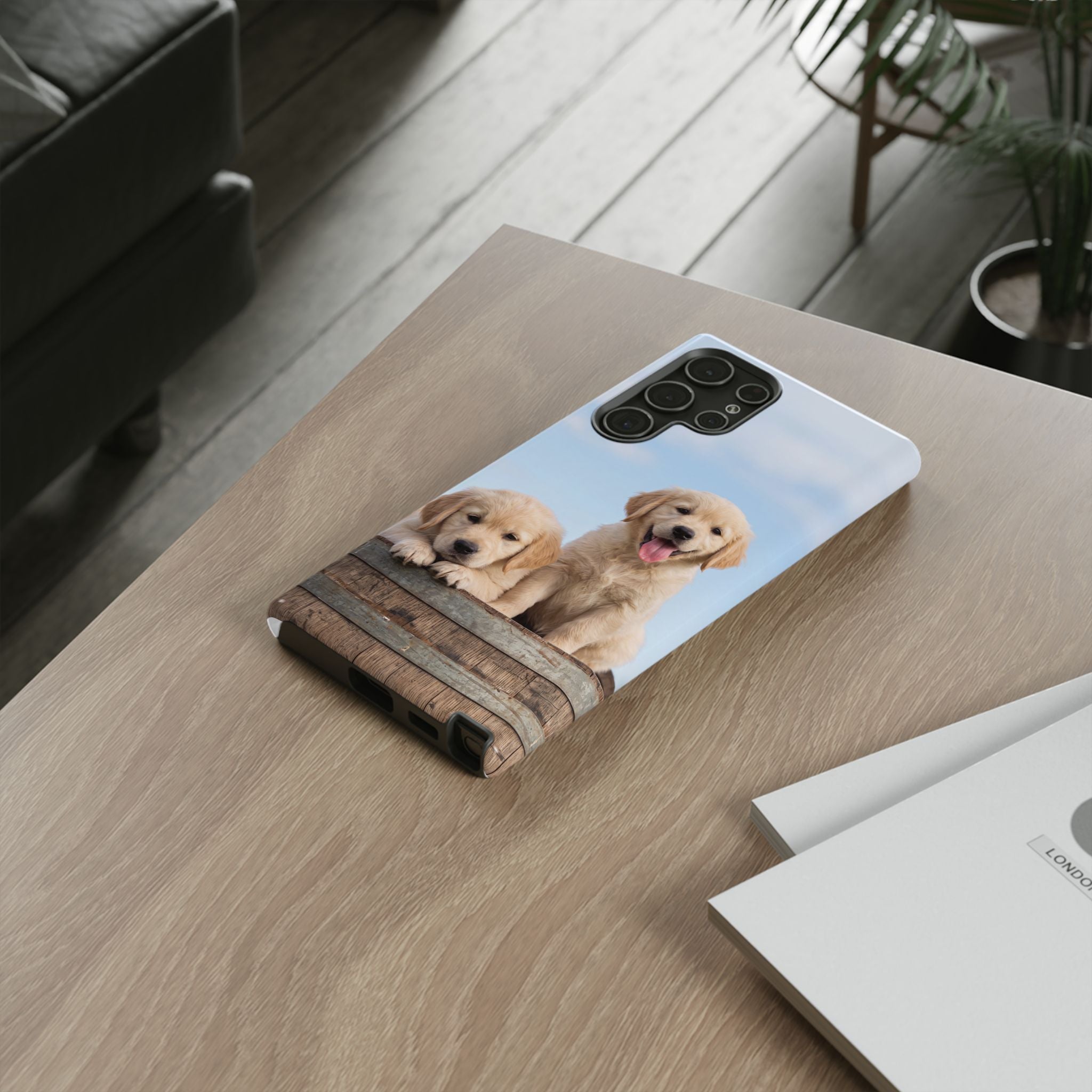 Golden Retriever Puppies on Barrel Phone Case | Cute Duo Under Blue Sky | iPhone & Samsung
