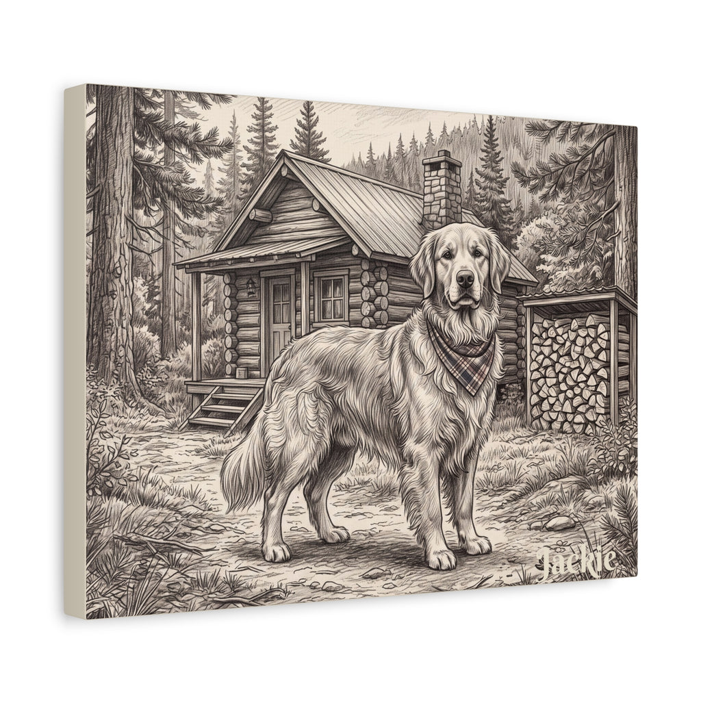 Golden Retriever Cabin Sketch Personalized Canvas | Rustic Woodland Wall Art