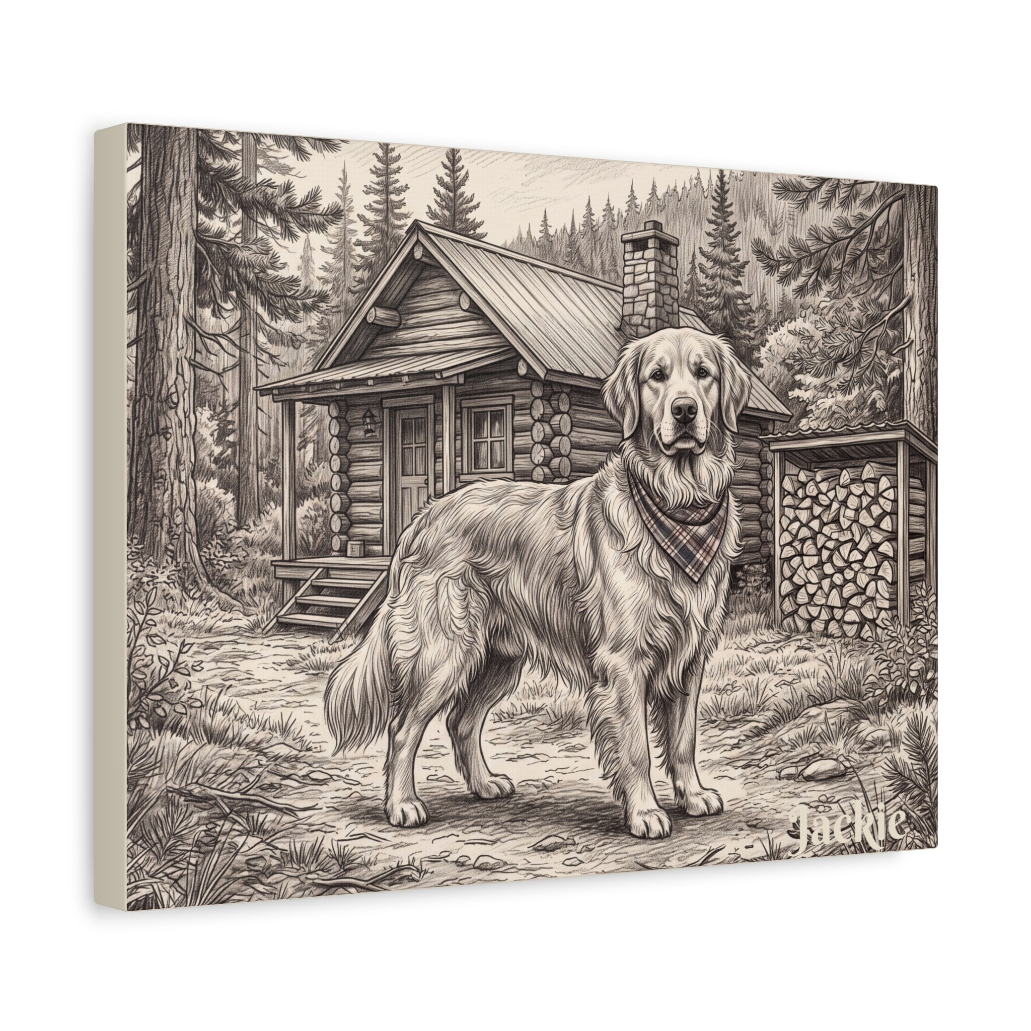 Golden Retriever Cabin Sketch Personalized Canvas | Rustic Woodland Wall Art
