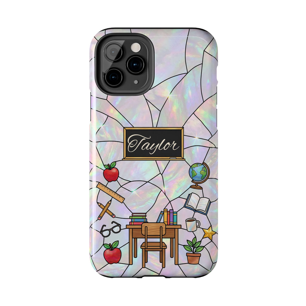 Personalized Teacher Phone Case — Custom Name Stained Glass Classroom Design