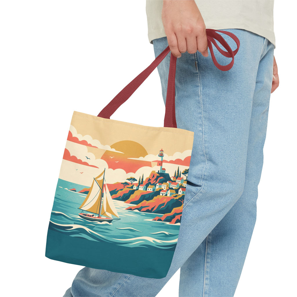 Coastal Lighthouse Sailboat Tote Bag – Retro Seaside Sunset Beach Bag