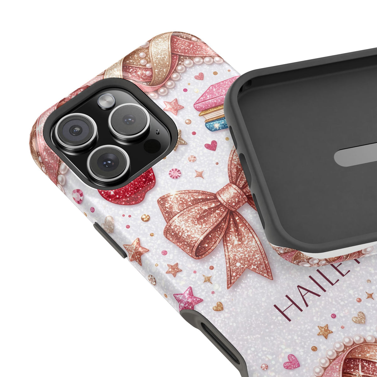 Rose Gold Glitter Bow Personalized Teacher Phone Case — Wireless Charging Cover