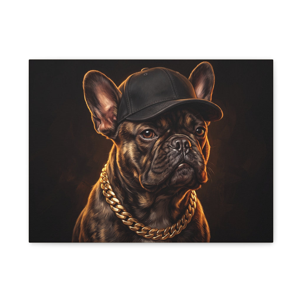 French Bulldog Portrait Canvas Print — Hip Hop Dog with Cap & Gold Chain