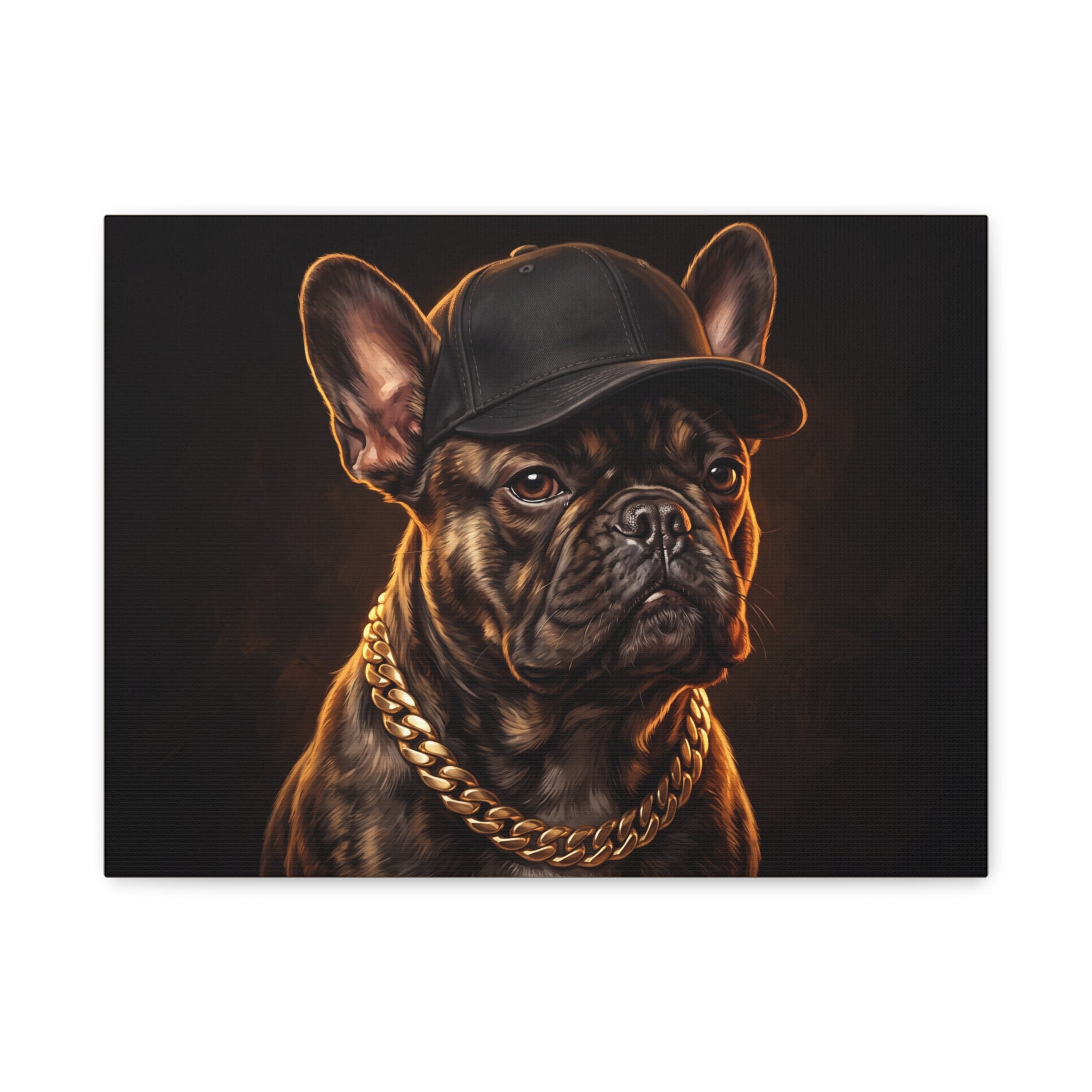 French Bulldog Portrait Canvas Print — Hip Hop Dog with Cap & Gold Chain