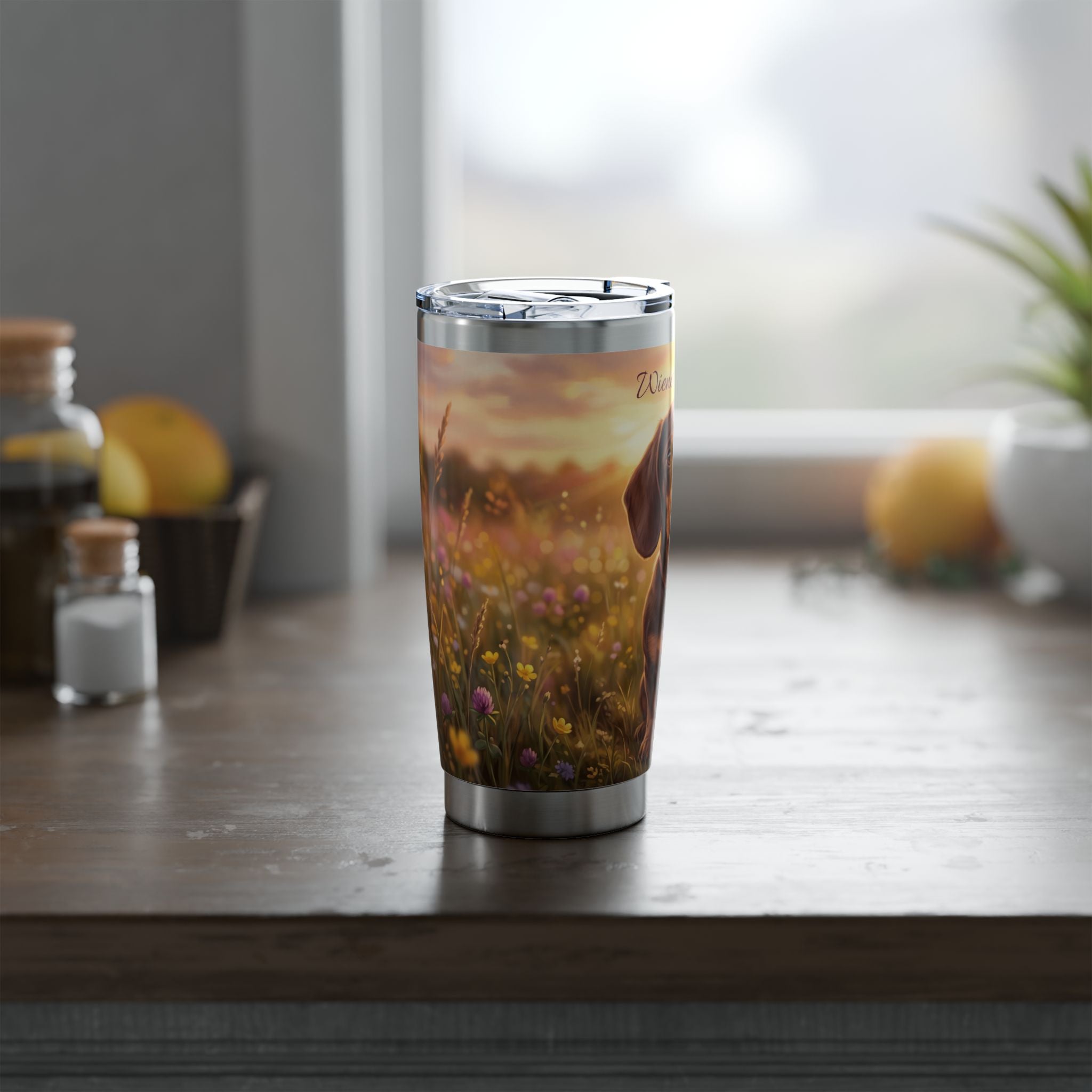 Dachshund Tumbler Personalized – 20 oz Stainless Steel Travel Mug with Custom Name, Chocolate & Tan Meadow Design