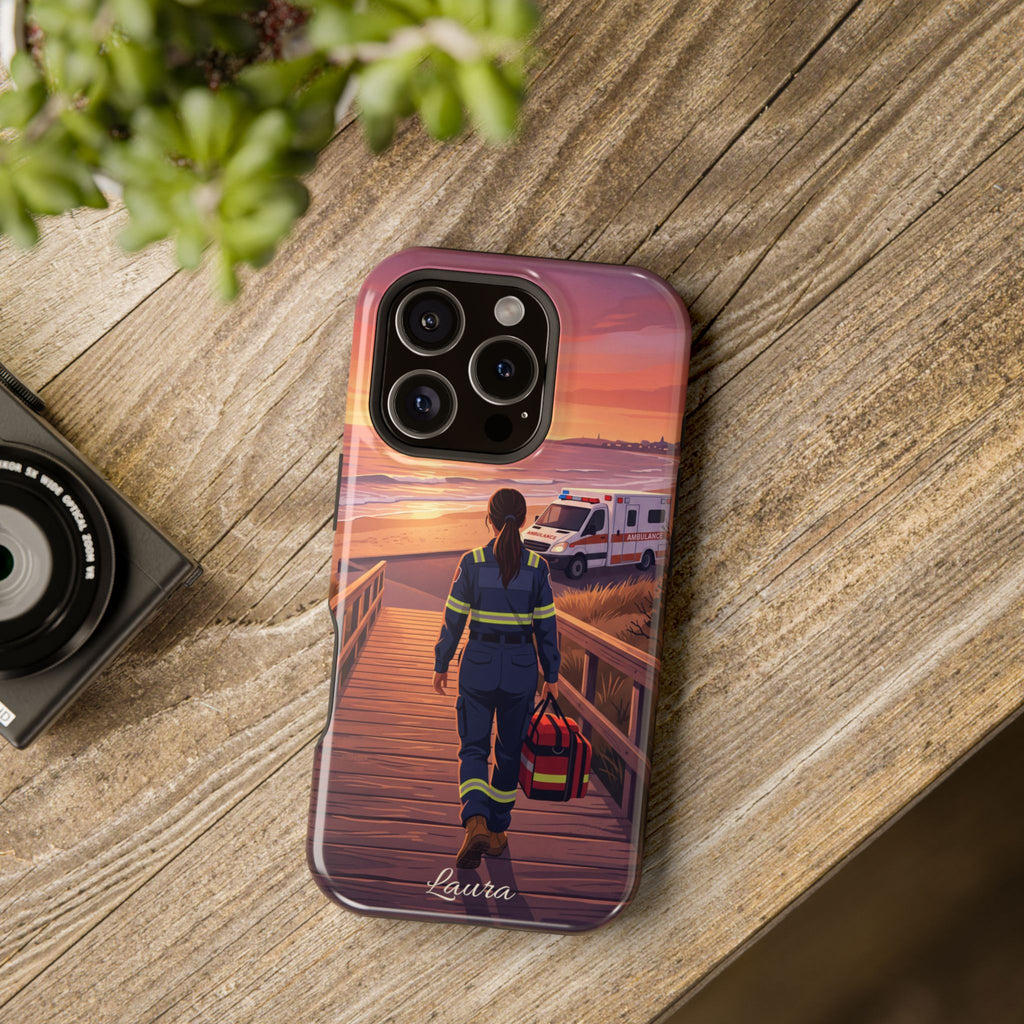 Sunset Boardwalk Personalized Paramedic Phone Case — Wireless Charging Cover