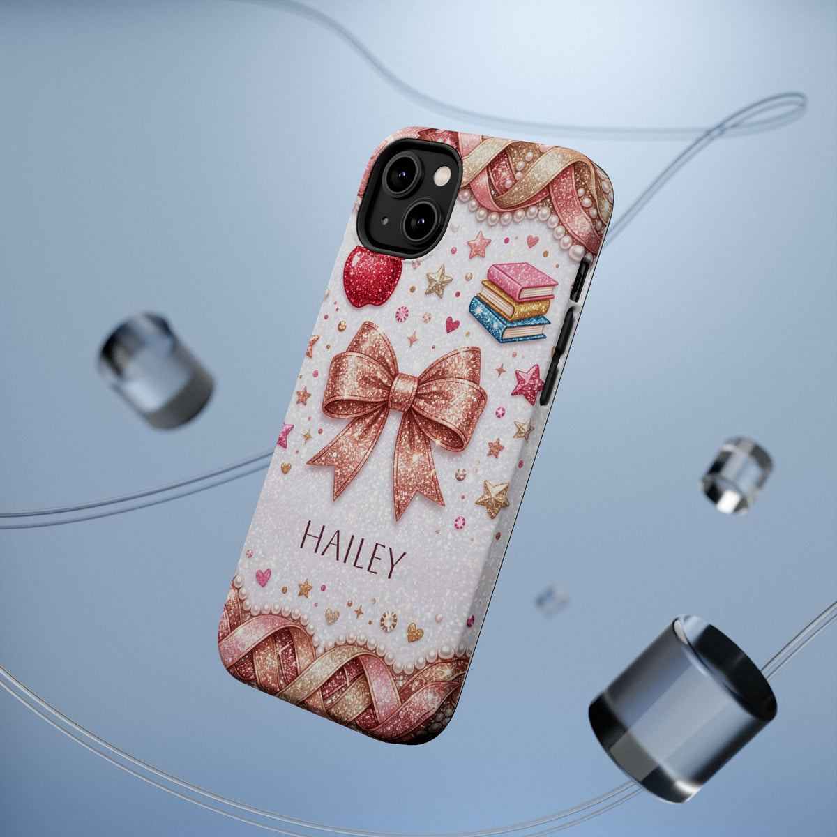Rose Gold Glitter Bow Personalized Teacher Phone Case — Wireless Charging Cover