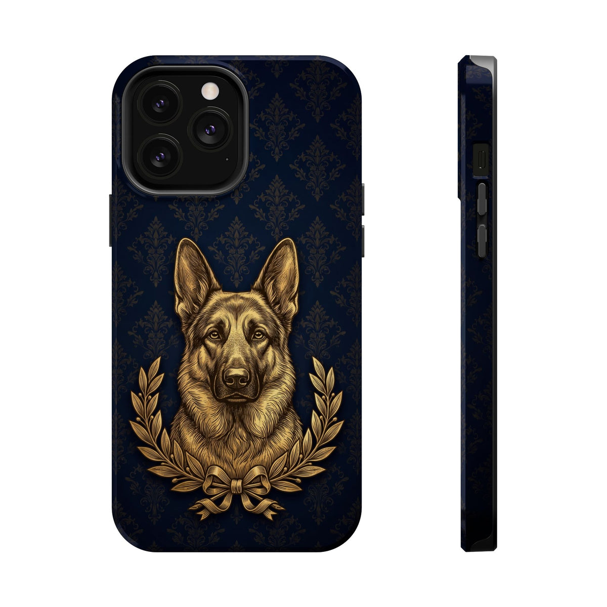 German Shepherd Phone Case | Navy Gold Laurel Art — Tough Magnetic Case with Wireless Charging
