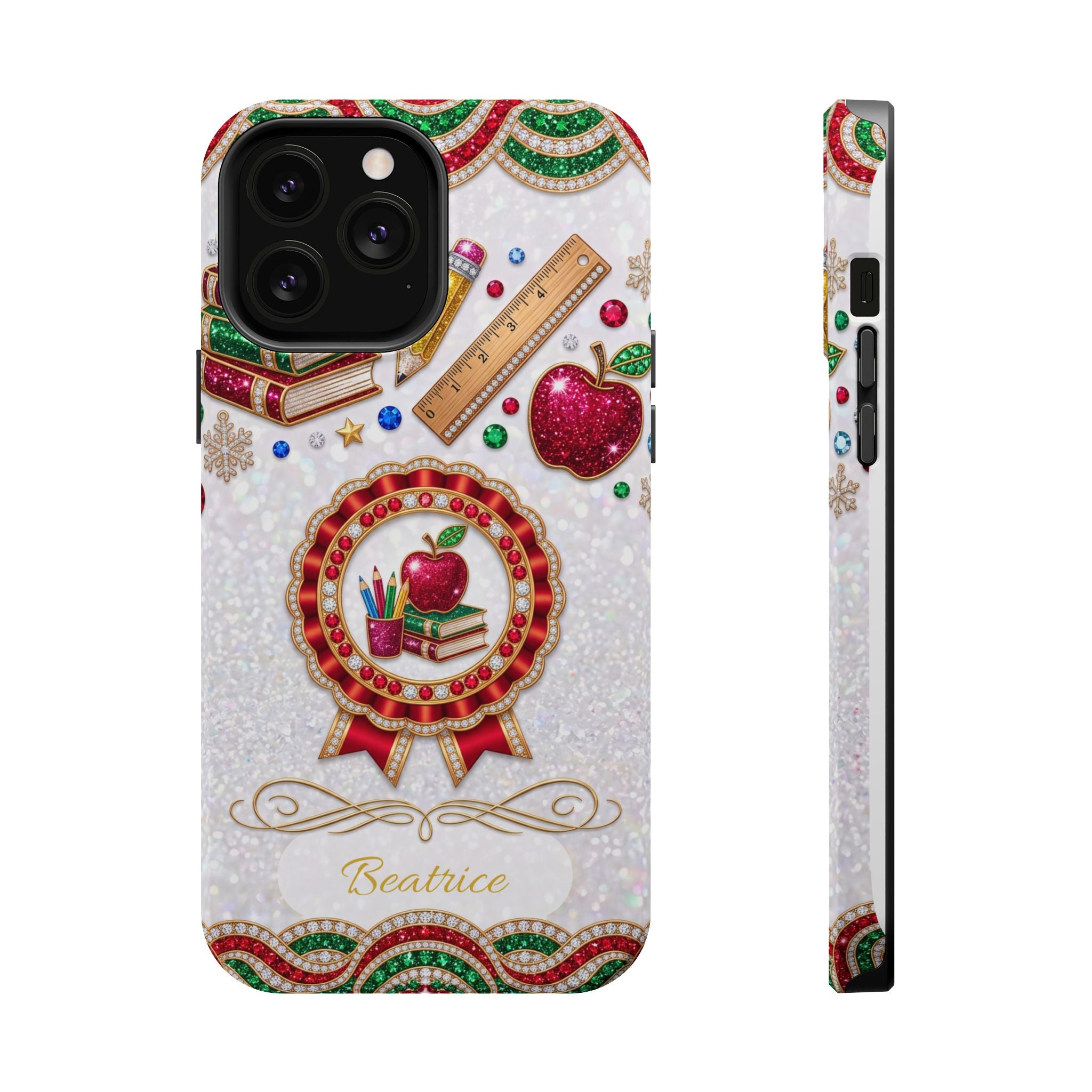 Jeweled Apple Medallion Personalized Teacher Phone Case — Wireless Charging Cover