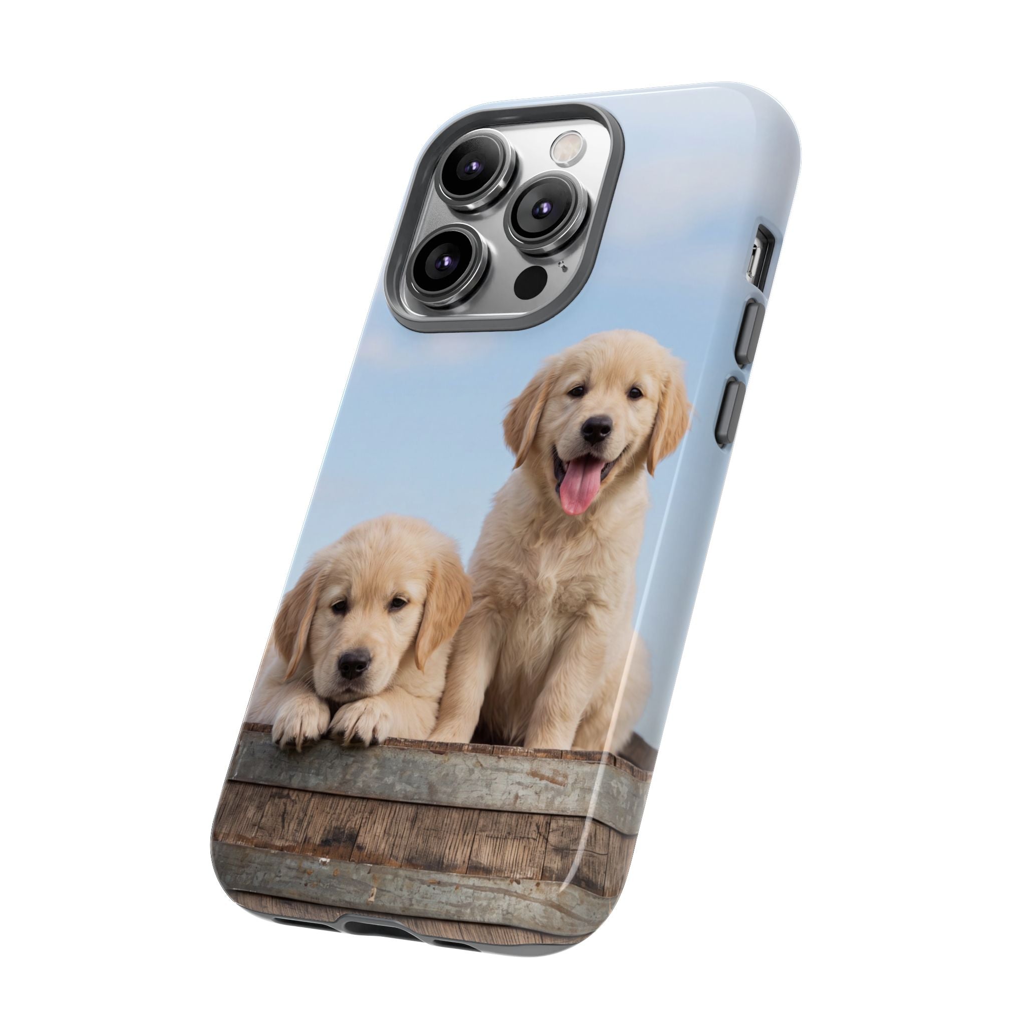 Golden Retriever Puppies on Barrel Phone Case | Cute Duo Under Blue Sky | iPhone & Samsung