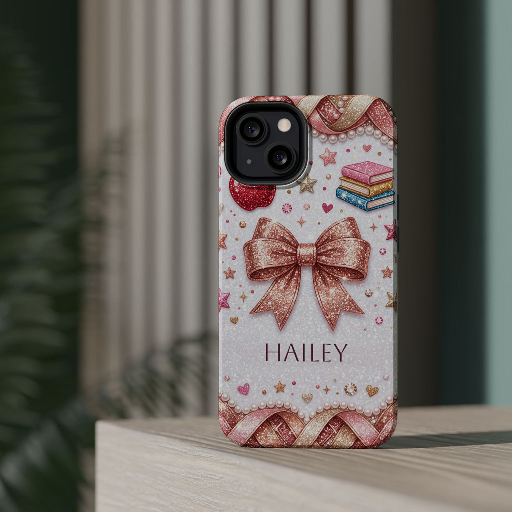 Rose Gold Glitter Bow Personalized Teacher Phone Case — Wireless Charging Cover