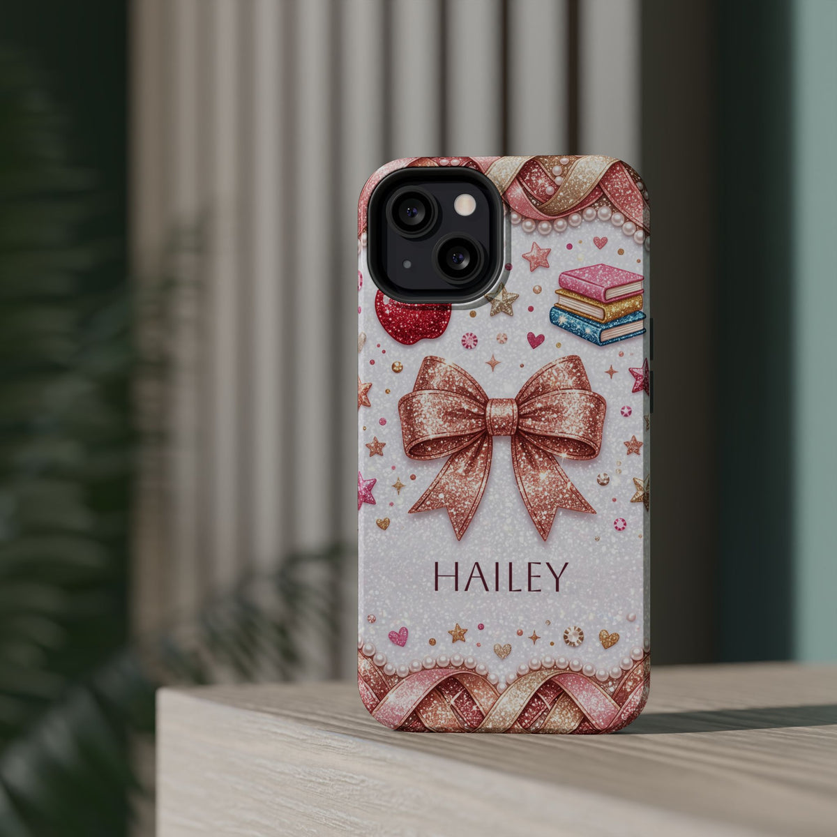 Rose Gold Glitter Bow Personalized Teacher Phone Case — Wireless Charging Cover