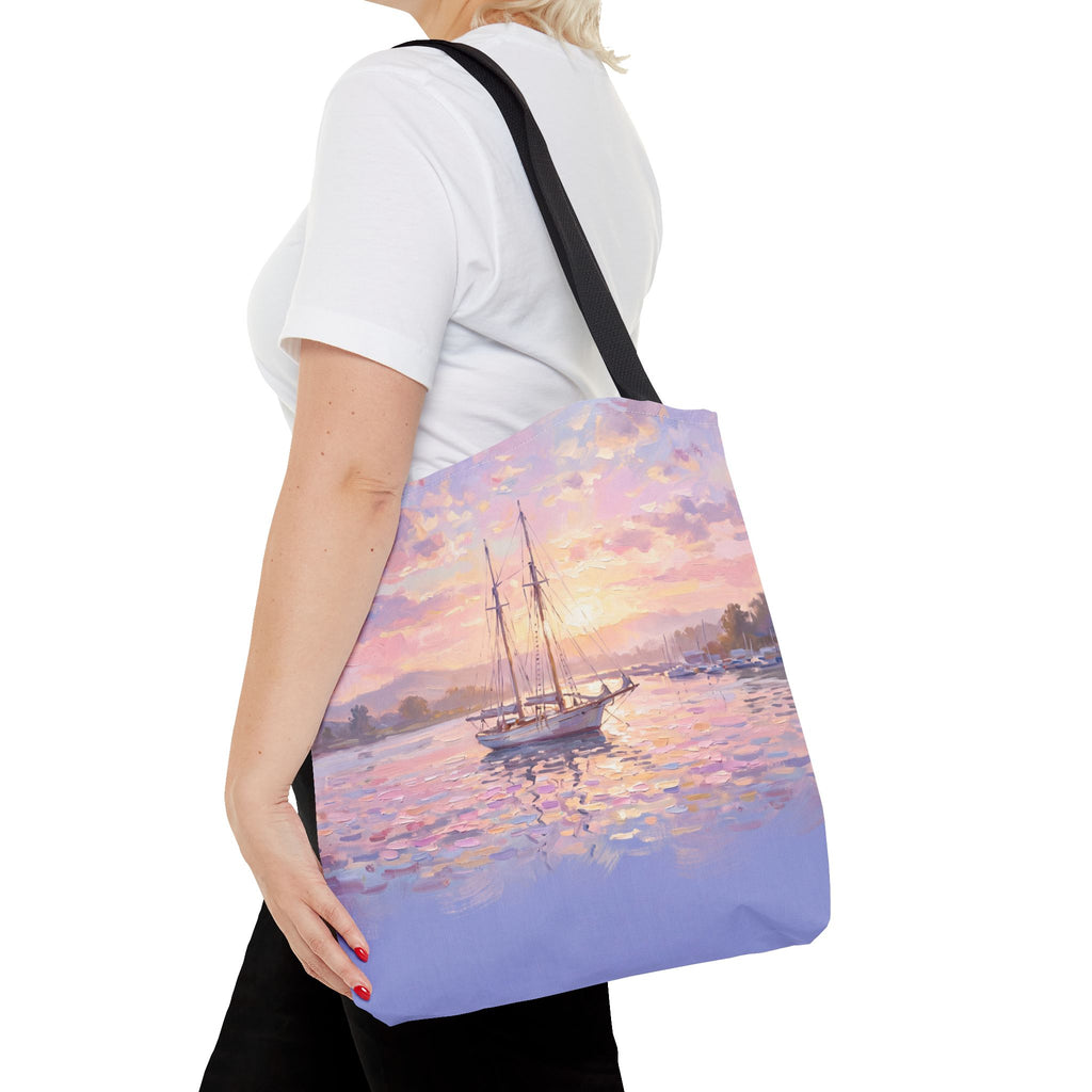 Pastel Sailboat Tote Bag – Impressionist Sunset Harbor Beach Bag