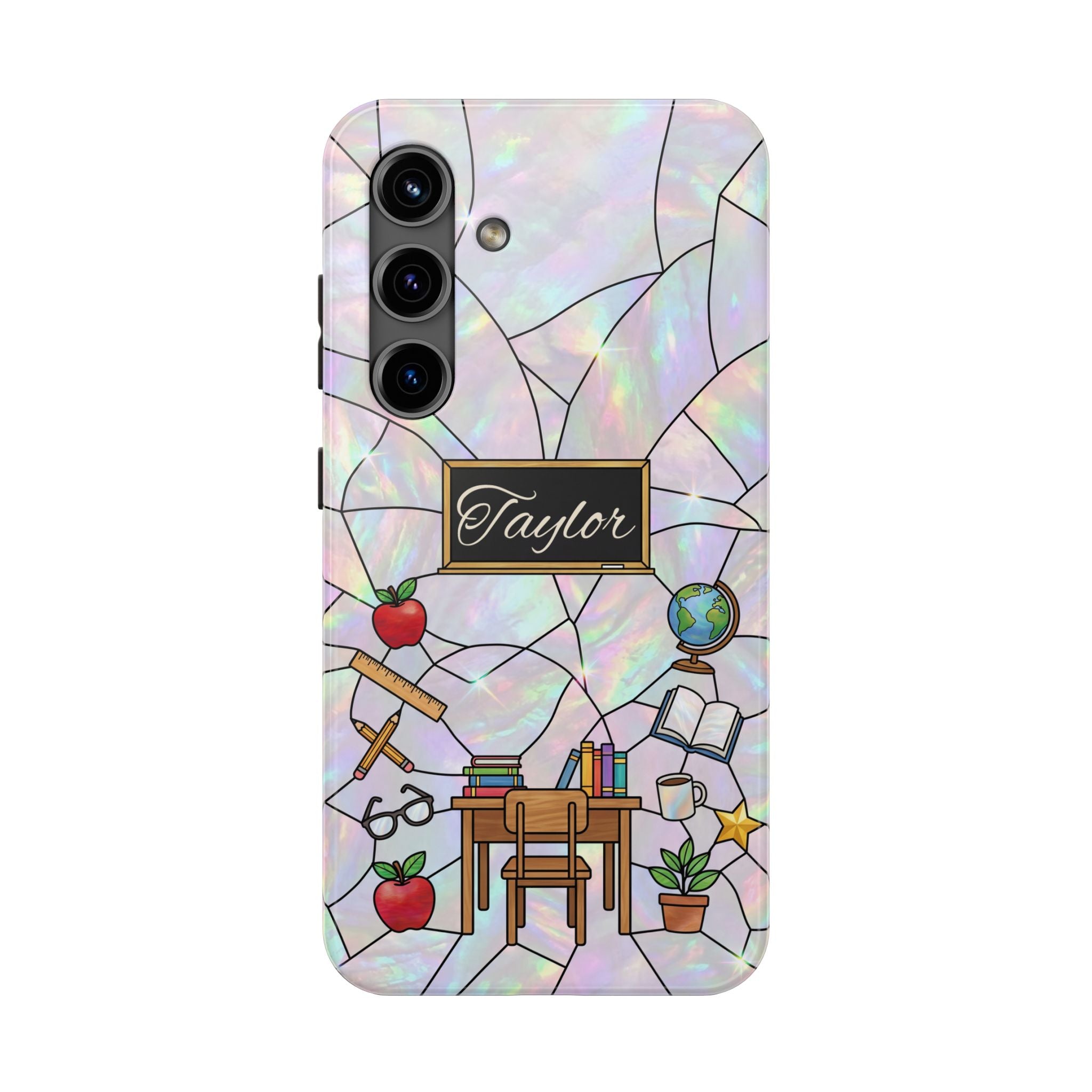 Personalized Teacher Phone Case — Custom Name Stained Glass Classroom Design
