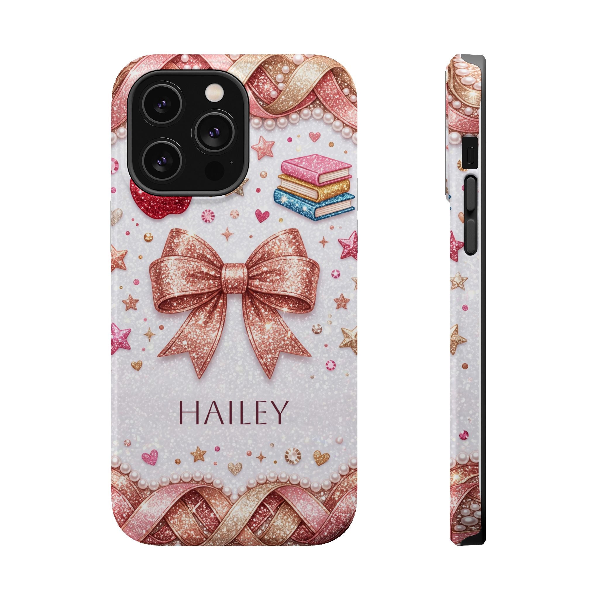 Rose Gold Glitter Bow Personalized Teacher Phone Case — Wireless Charging Cover