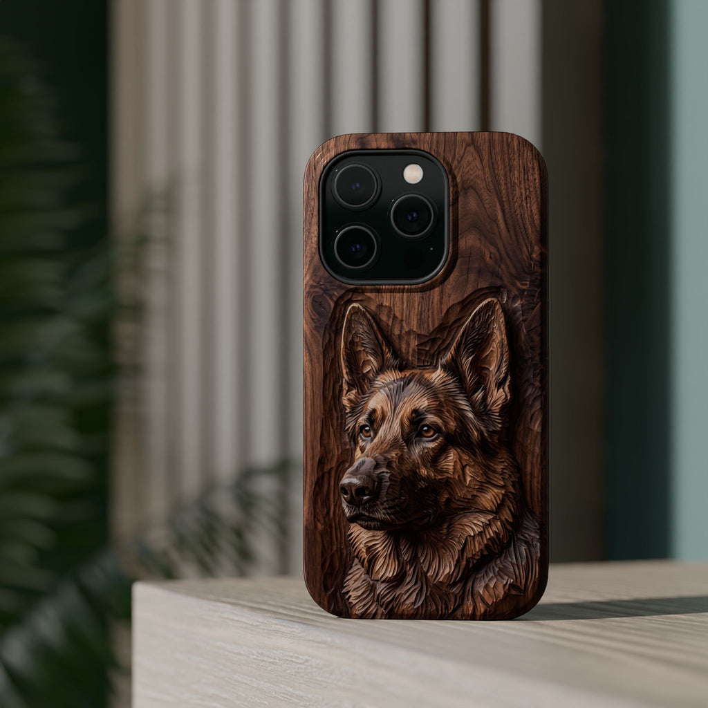 German Shepherd Phone Case | Carved Walnut Art — Tough Magnetic Case with Wireless Charging