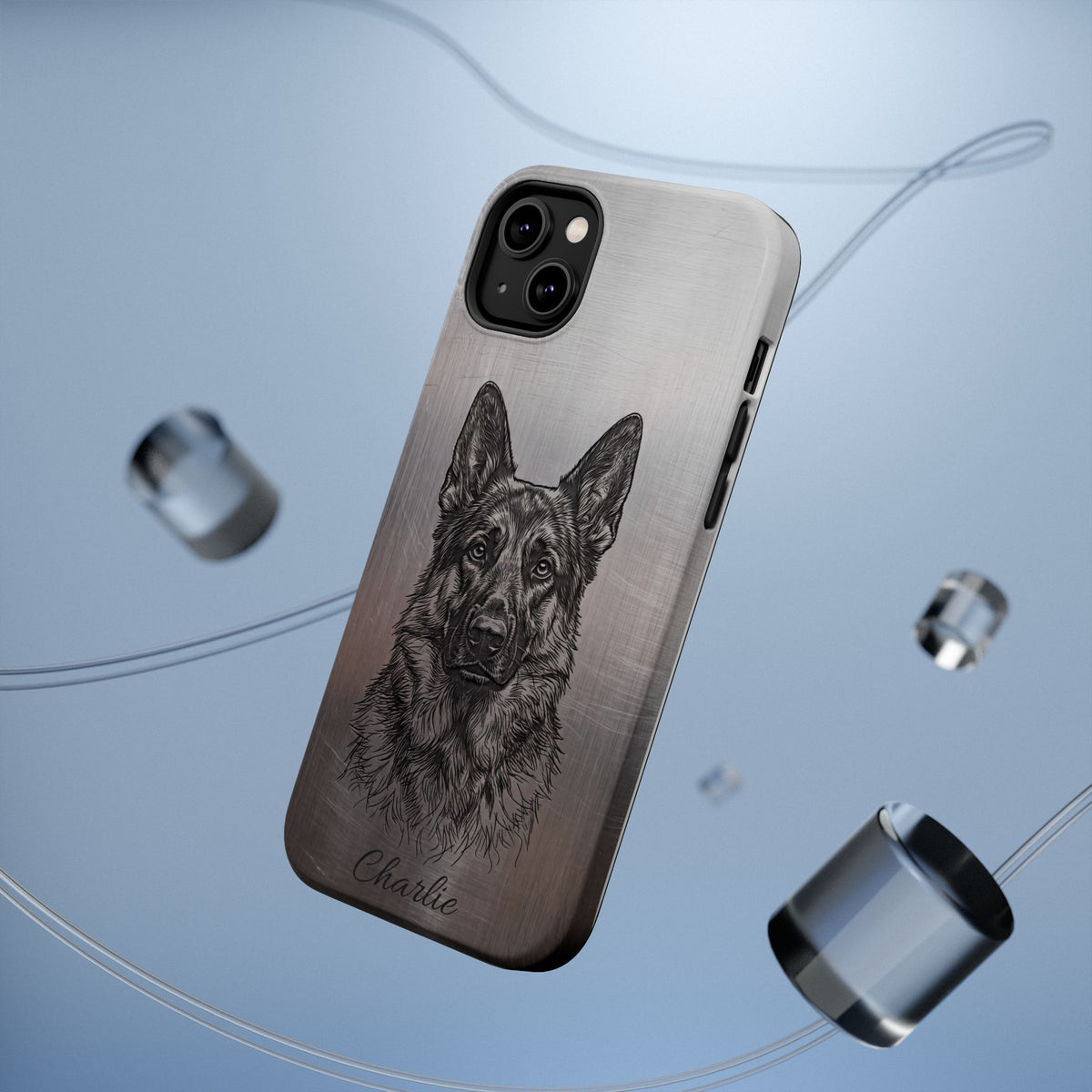 German Shepherd Phone Case | Personalized Etched Silver Art — Tough Magnetic Case with Wireless Charging