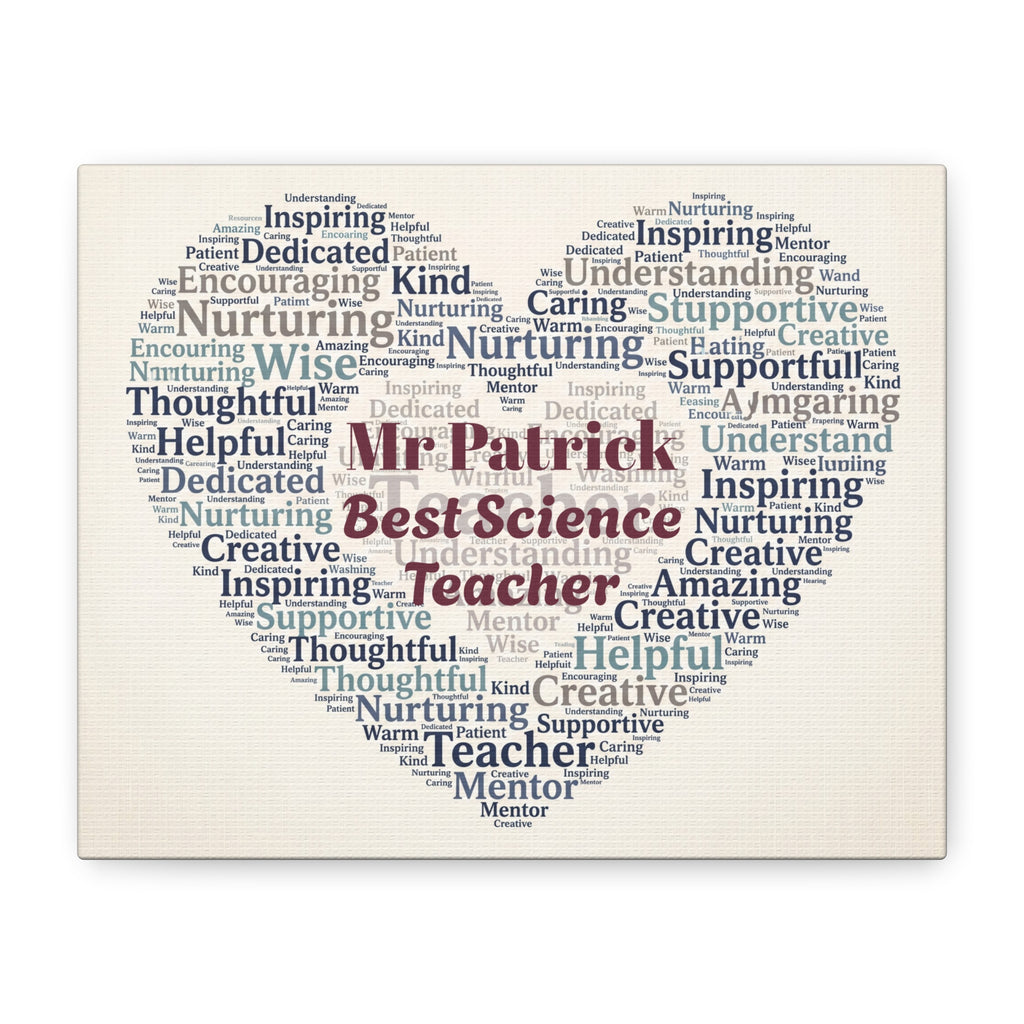 Personalized Teacher Canvas Print — Custom Name & Message Heart Word Cloud