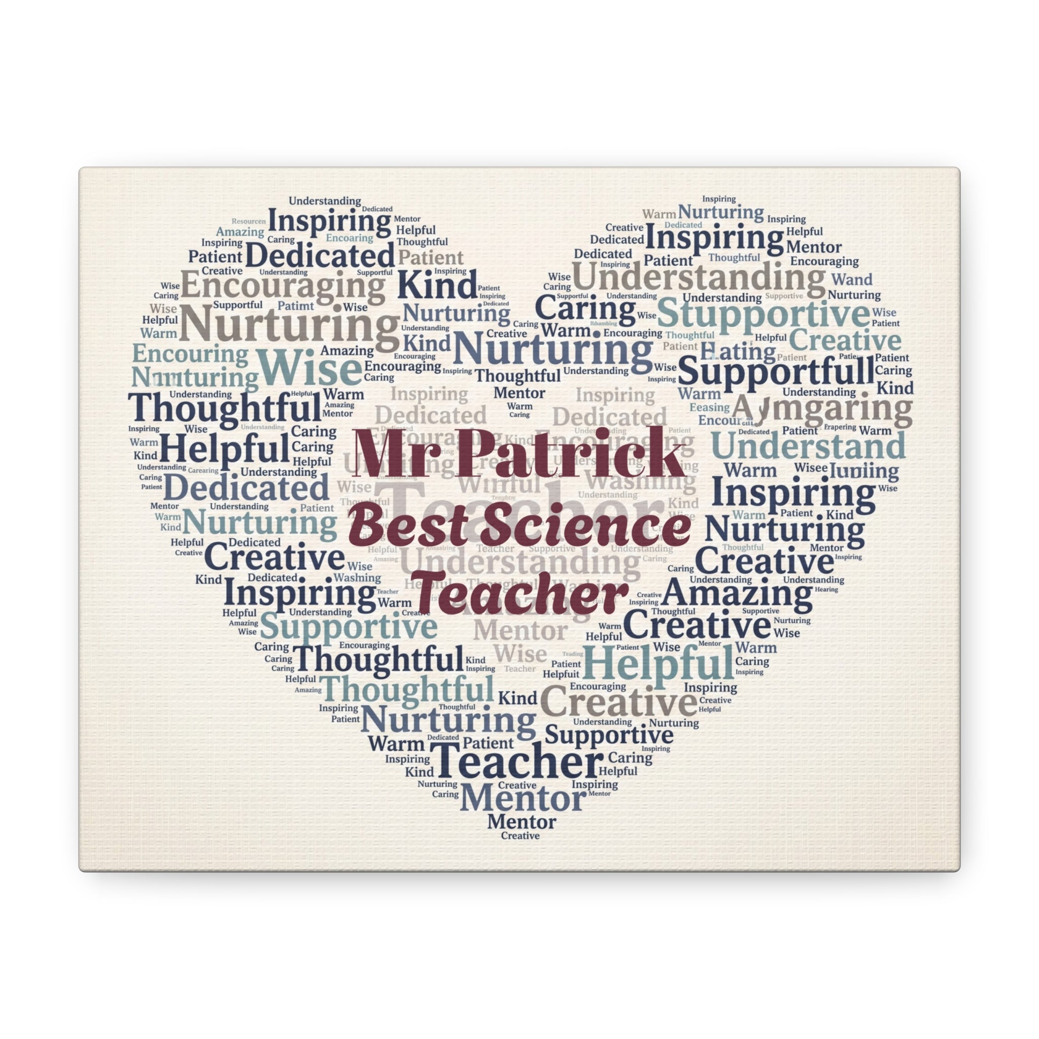 Personalized Teacher Canvas Print — Custom Name & Message Heart Word Cloud