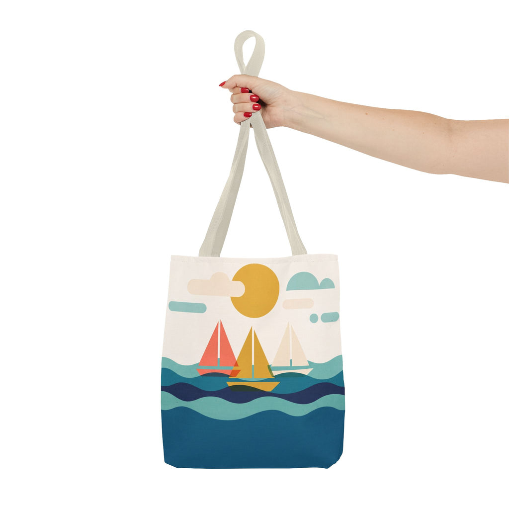 Minimalist Sailboat Tote Bag – Mid-Century Modern Ocean Waves Beach Bag