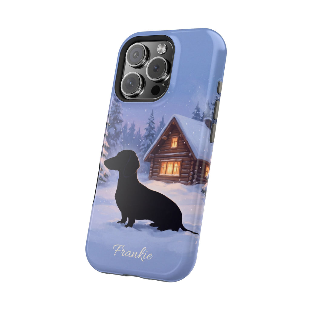 Personalized Dachshund Winter Cabin Phone Case — Wireless Charging Cover