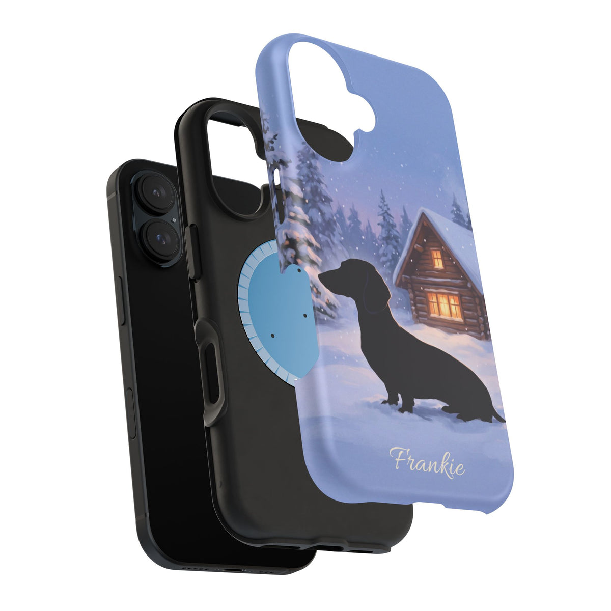 Personalized Dachshund Winter Cabin Phone Case — Wireless Charging Cover