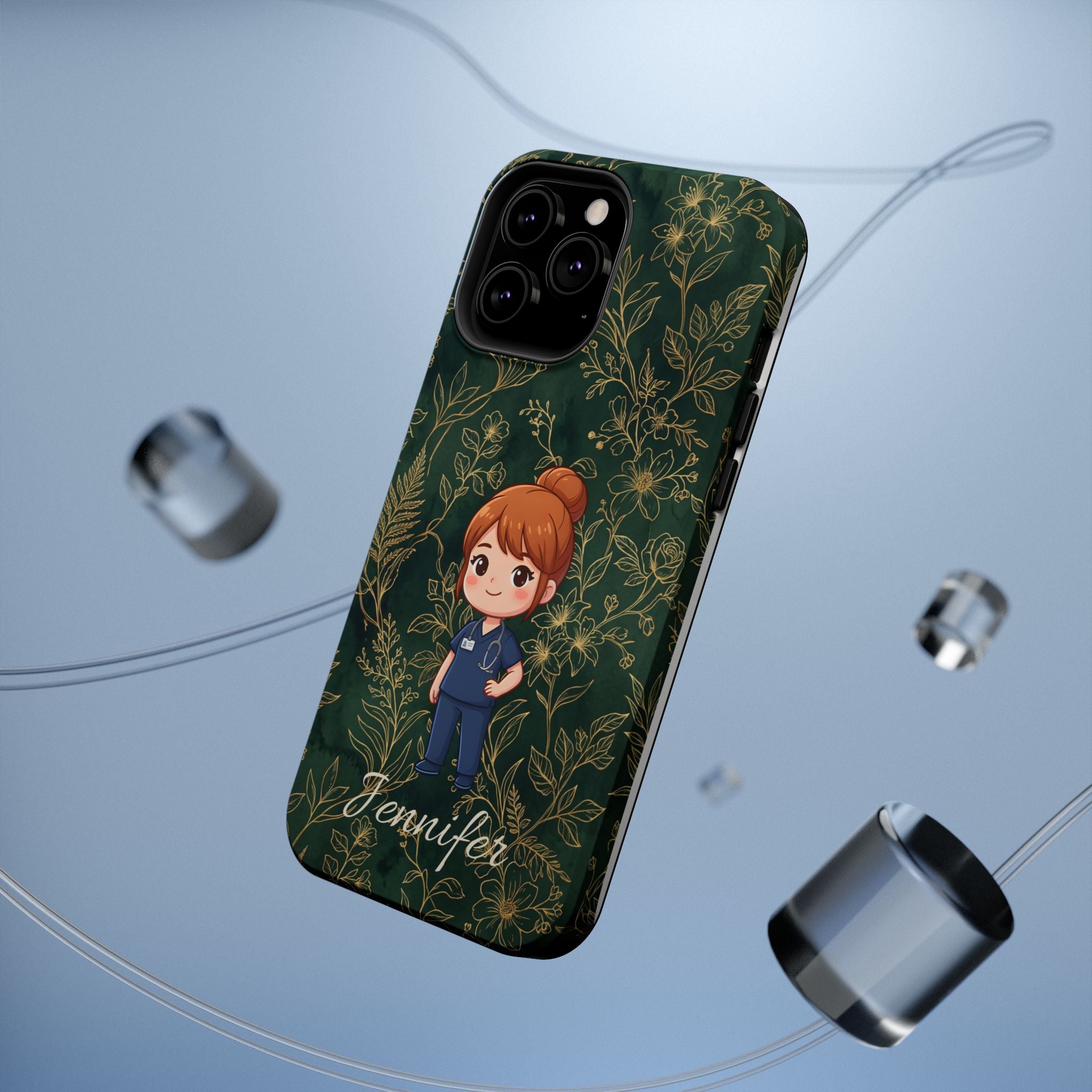 Personalized Nurse Botanical Phone Case — Impact-Resistant Wireless Charging Cover