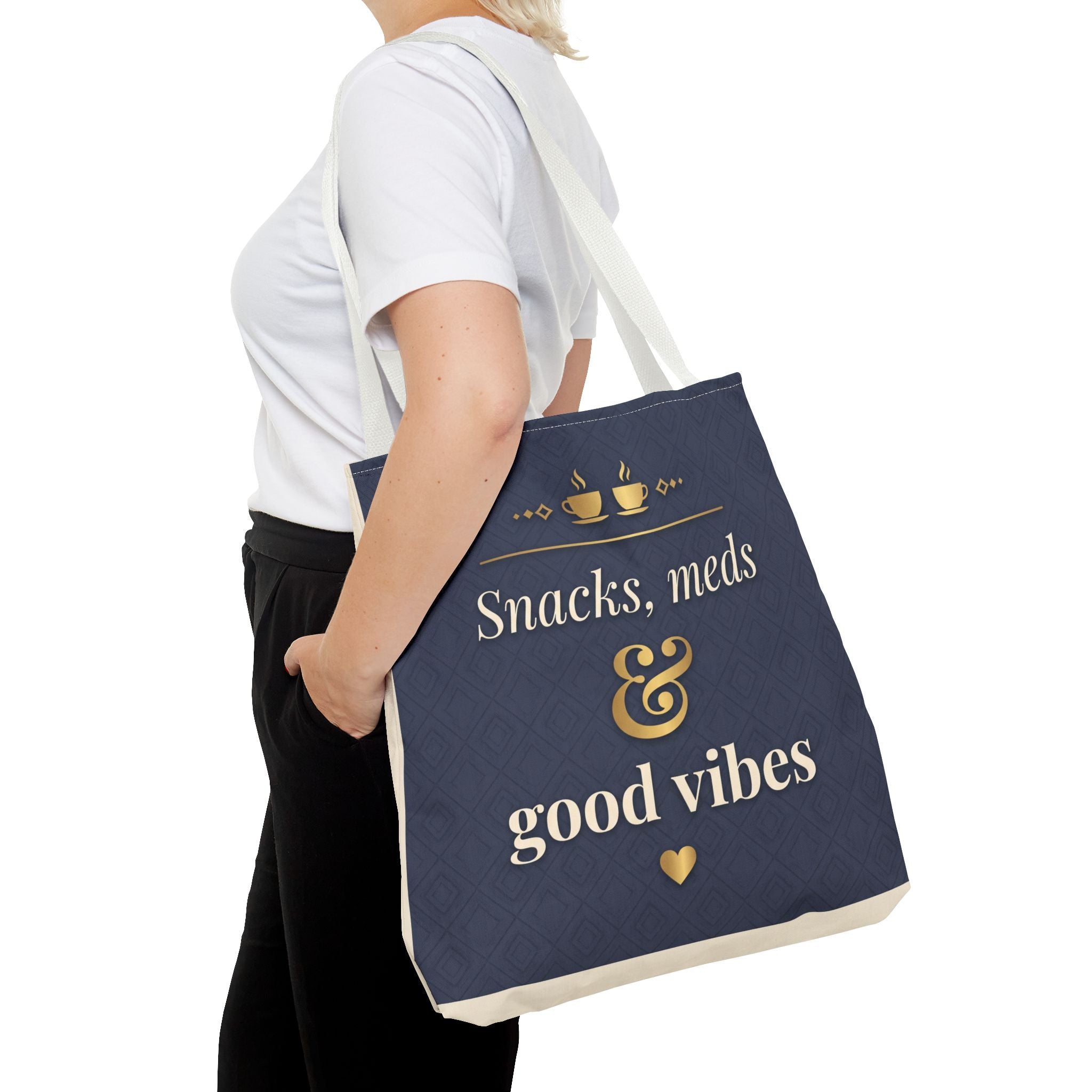 Snacks Meds & Good Vibes Tote | Funny Nurse Gift Tote Bag | Healthcare Worker Humour Gift | Premium Polyester Carry-All