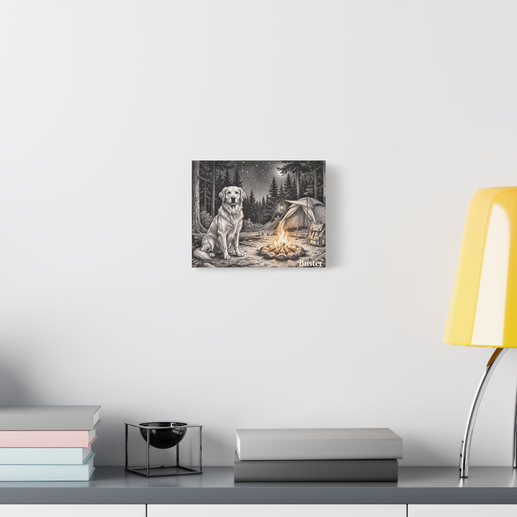 Golden Retriever Campfire Sketch Personalized Canvas | Night Camping Wall Art
