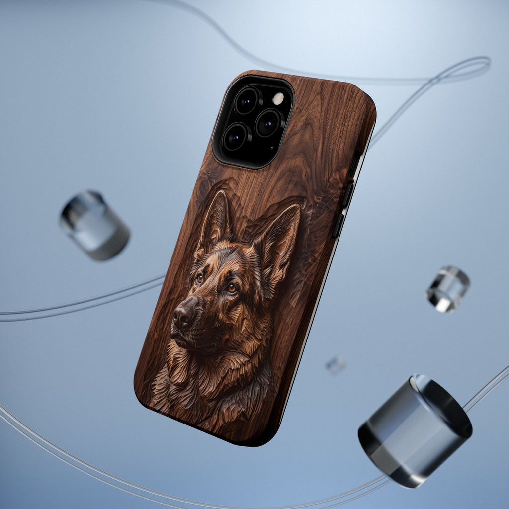 German Shepherd Phone Case | Carved Walnut Art — Tough Magnetic Case with Wireless Charging