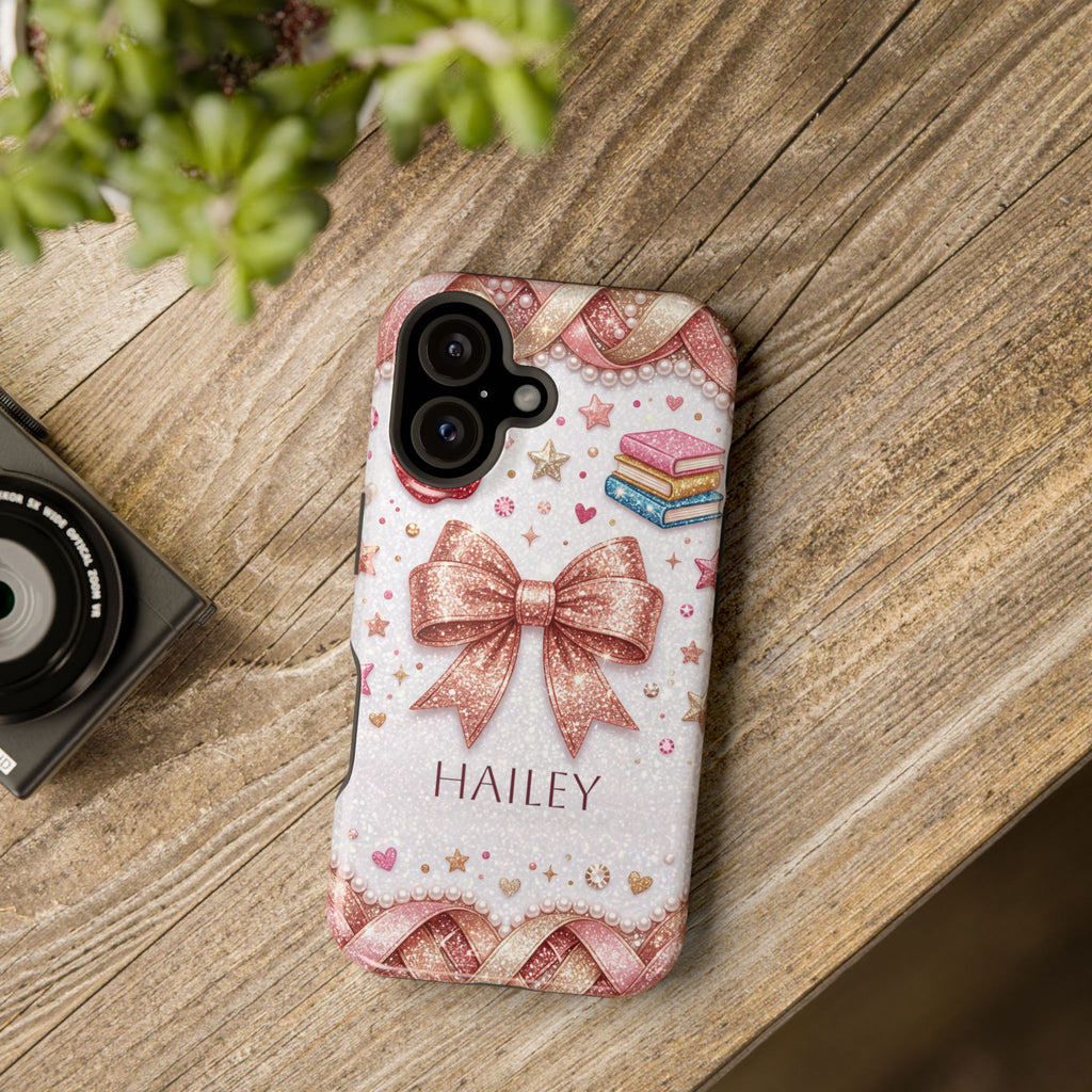 Rose Gold Glitter Bow Personalized Teacher Phone Case — Wireless Charging Cover