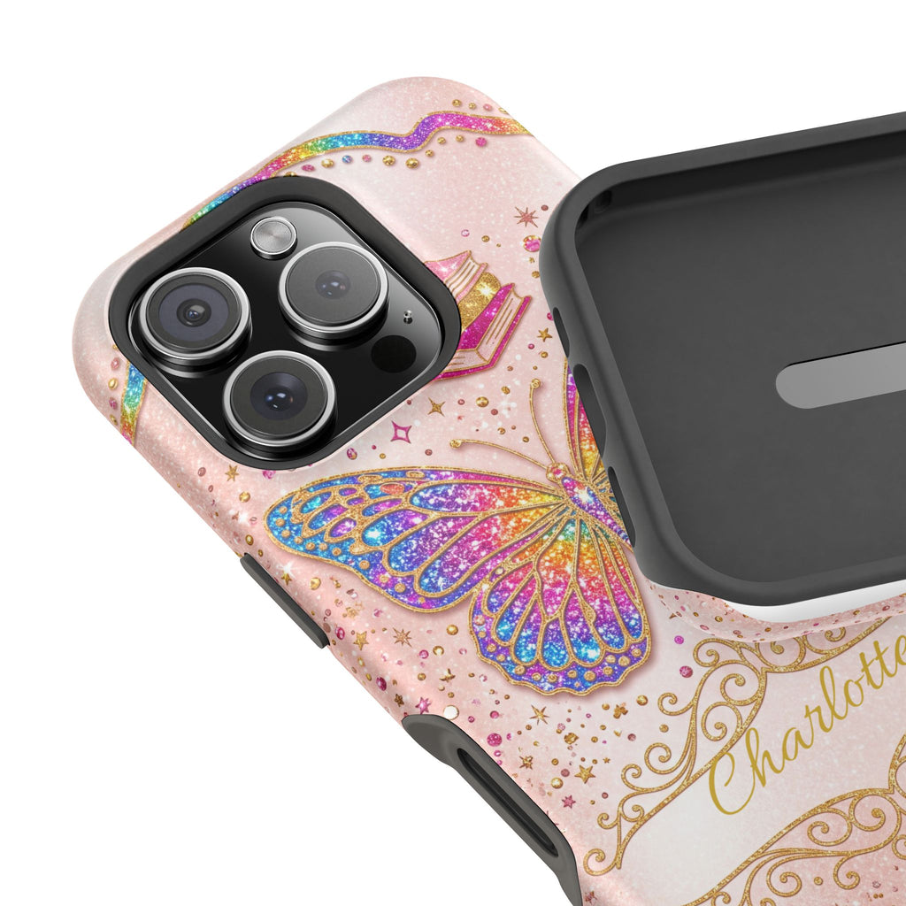 Blush Glitter Butterfly Personalized Teacher Phone Case — Wireless Charging Cover