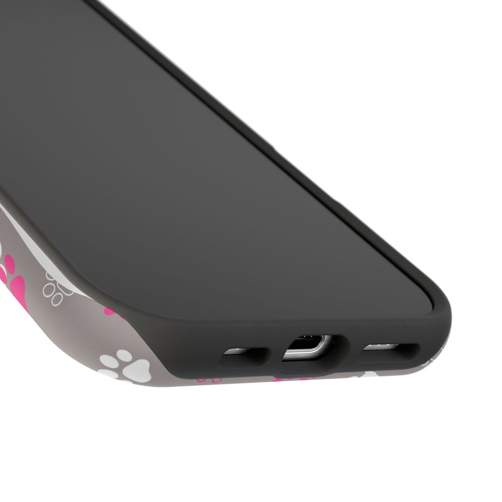 Pink & White Paw Print Phone Case — Impact-Resistant Wireless Charging Cover