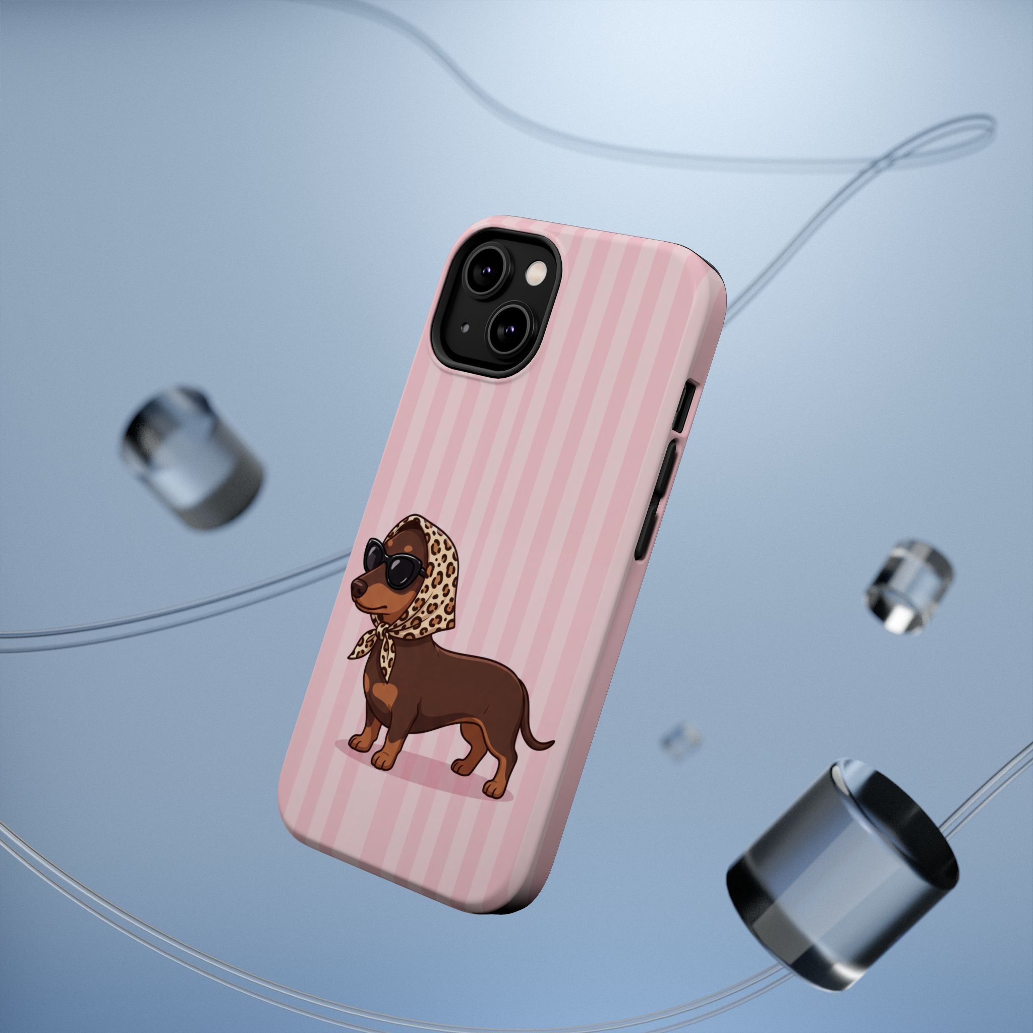 Glam Dachshund Phone Case | Cute Sausage Dog in Leopard Scarf & Sunglasses | Pink Stripe Case for iPhone & Samsung