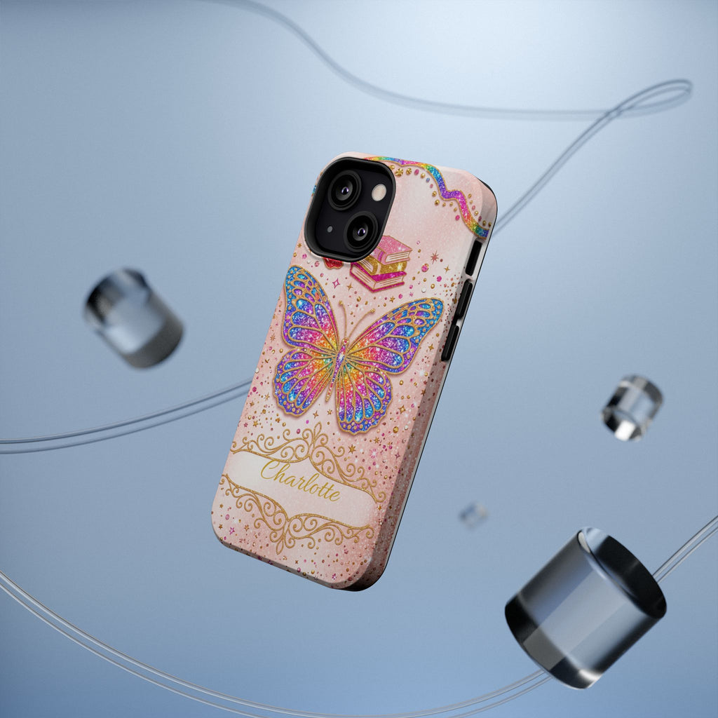 Blush Glitter Butterfly Personalized Teacher Phone Case — Wireless Charging Cover