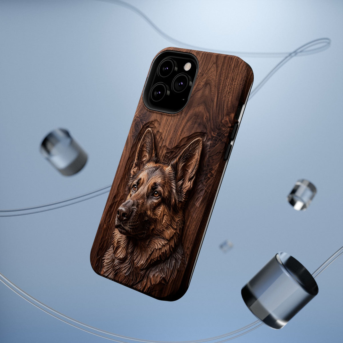 German Shepherd Phone Case | Carved Walnut Art — Tough Magnetic Case with Wireless Charging