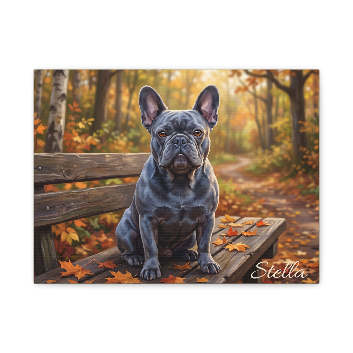 French Bulldog Personalized Canvas | Blue Frenchie Autumn Woodland Bench Wall Art