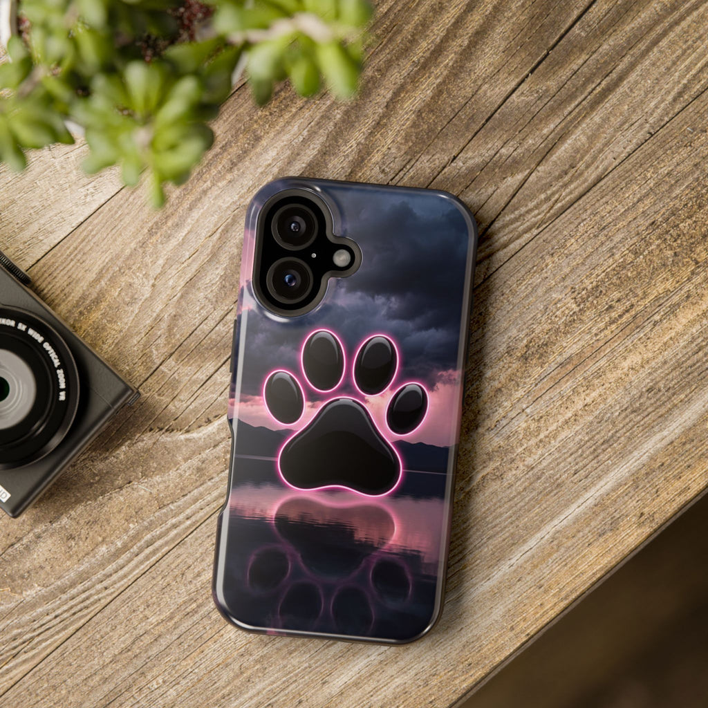 Neon Paw Print Phone Case — Impact-Resistant Wireless Charging Cover