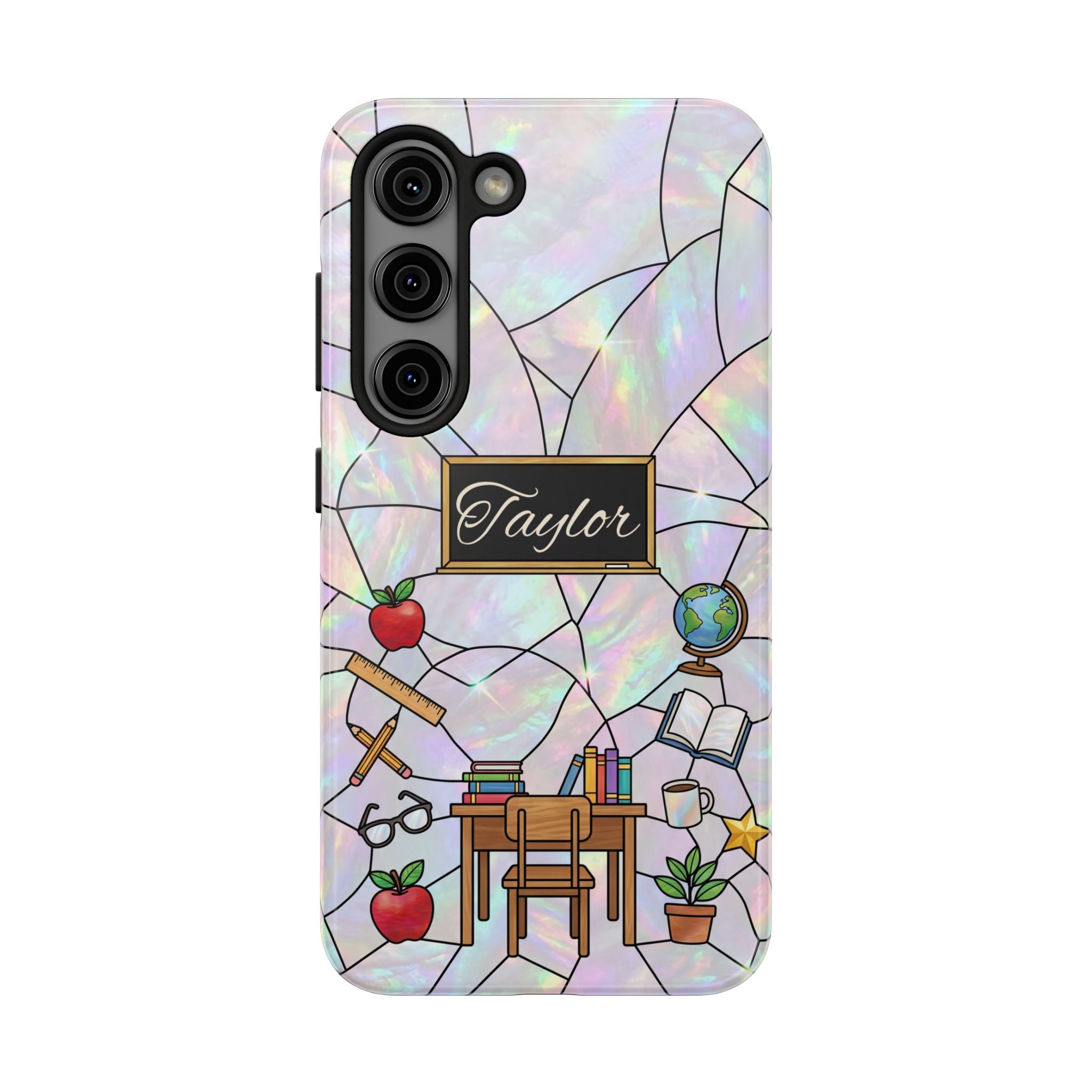 Personalized Teacher Phone Case — Custom Name Stained Glass Classroom Design