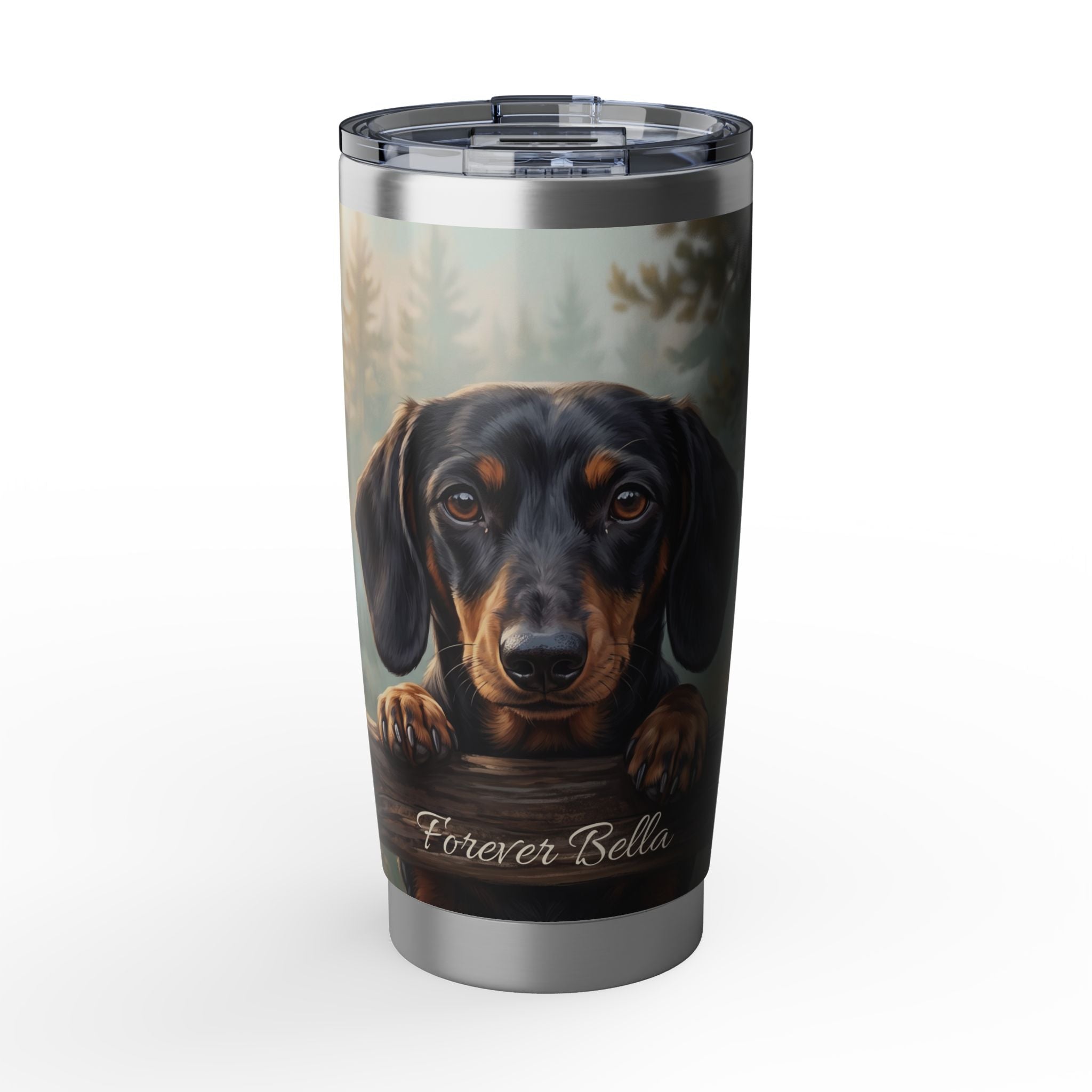 Dachshund Tumbler Personalized – 20 oz Stainless Steel Travel Mug with Custom Name, Black & Tan Forest Design