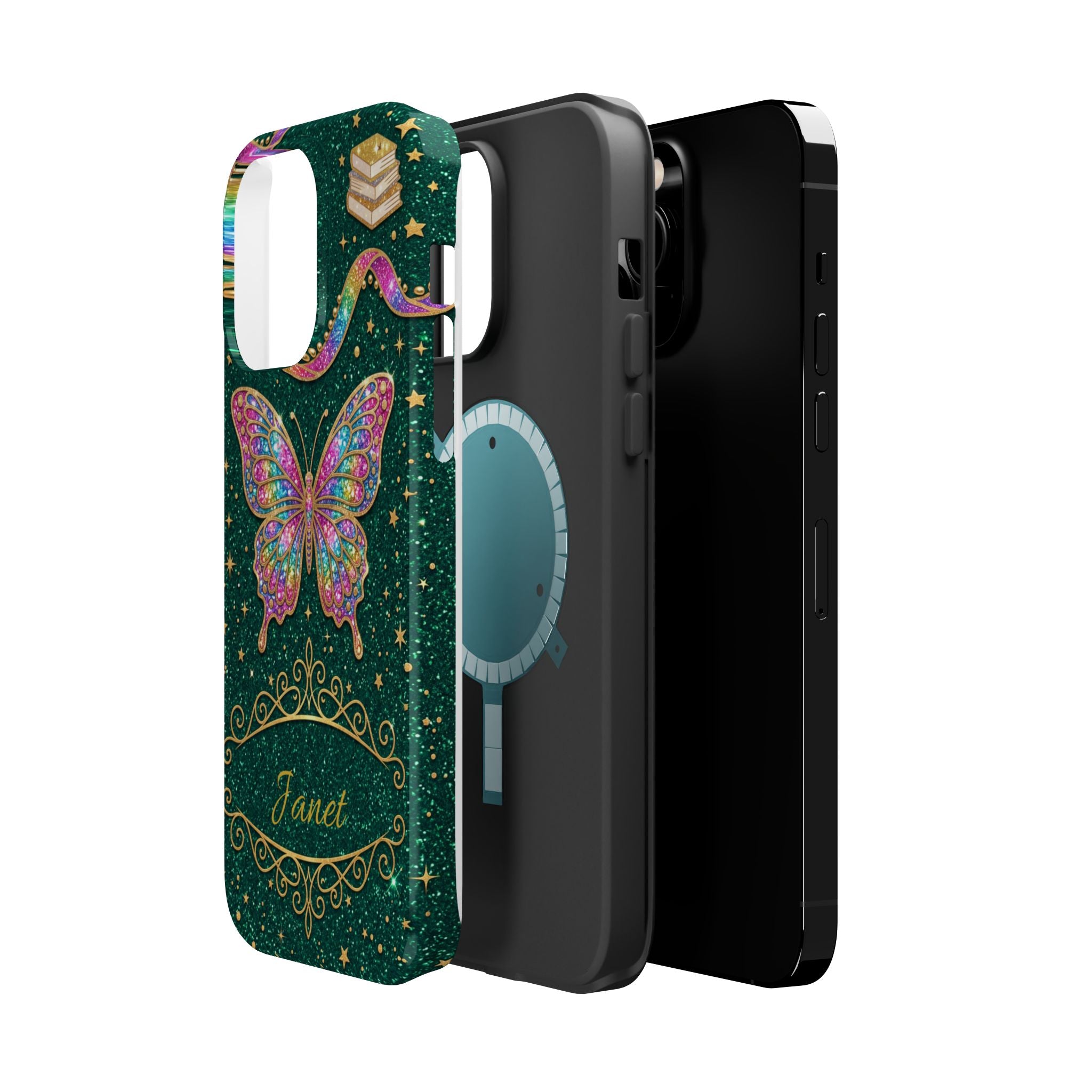 Rainbow Glitter Butterfly Personalized Teacher Phone Case — Wireless Charging Cover
