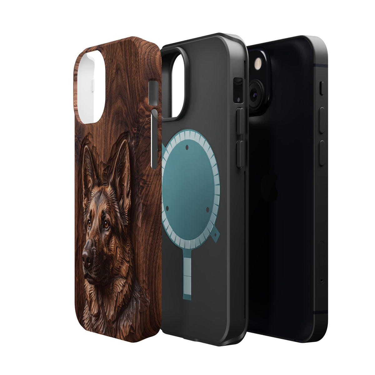 German Shepherd Phone Case | Carved Walnut Art — Tough Magnetic Case with Wireless Charging