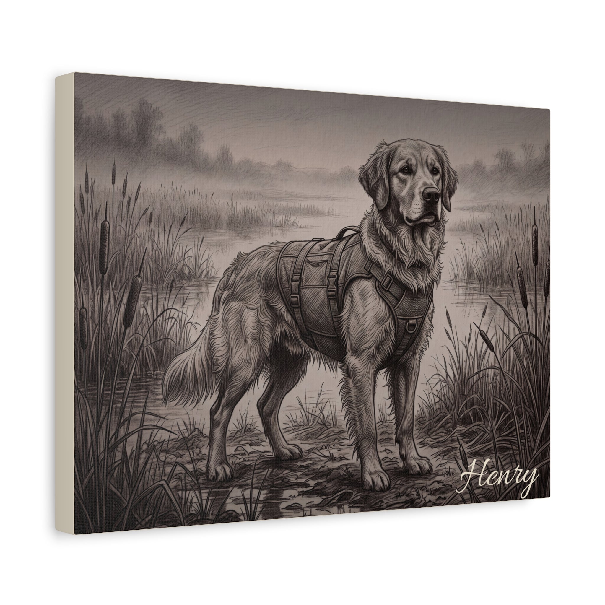 Golden Retriever Marshland Sketch Personalized Canvas | Misty Wetland Wall Art