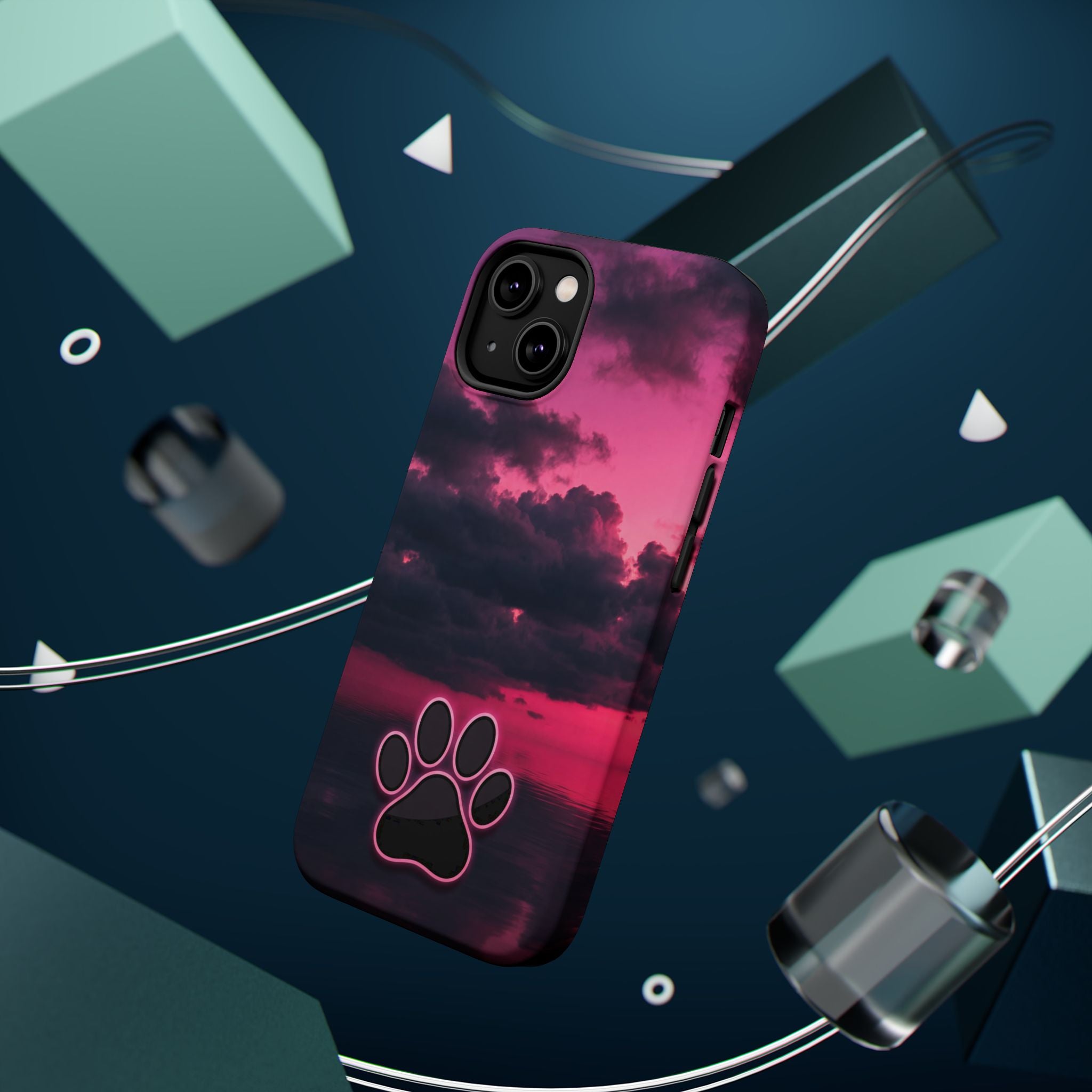 iPhone & Samsung Magnetic Impact-Resistant Phone Case — Pink Twilight Cloud with Paw Print