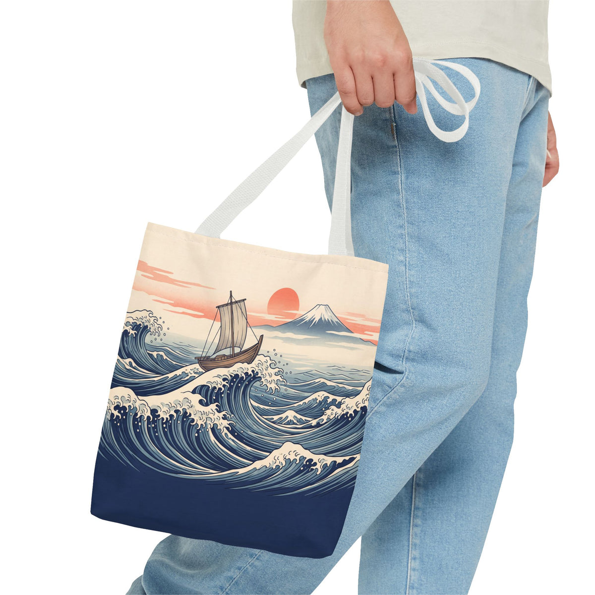 Japanese Wave Sailboat Tote Bag – Woodblock Style Ocean Beach Bag